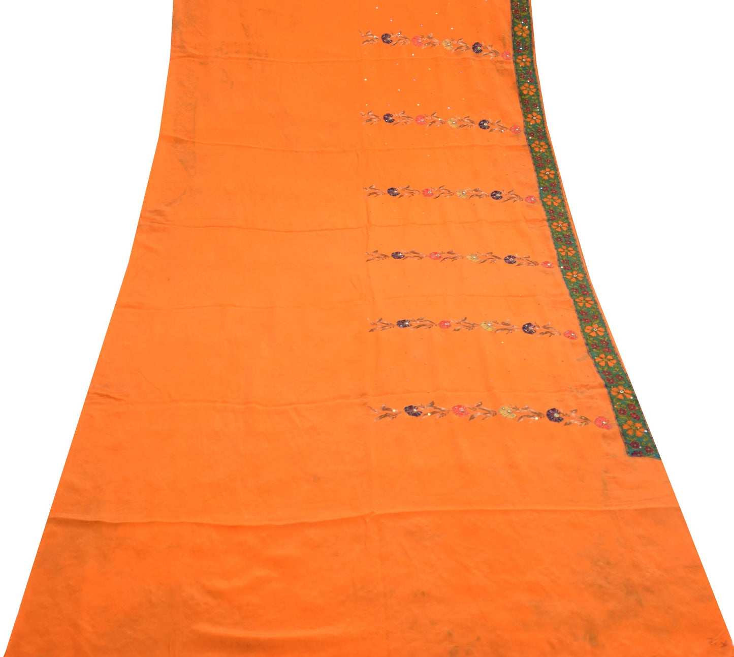 Sushila Vintage Orange Scrap Saree Pure Crepe Embroidered Floral 5YD Sari Fabric