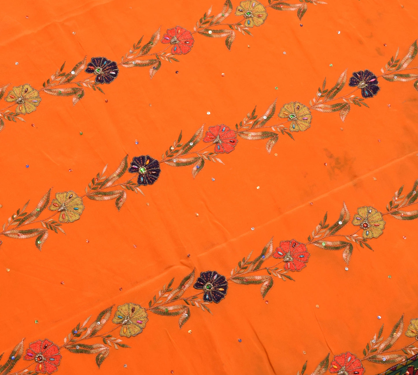 Sushila Vintage Orange Scrap Saree Pure Crepe Embroidered Floral 5YD Sari Fabric