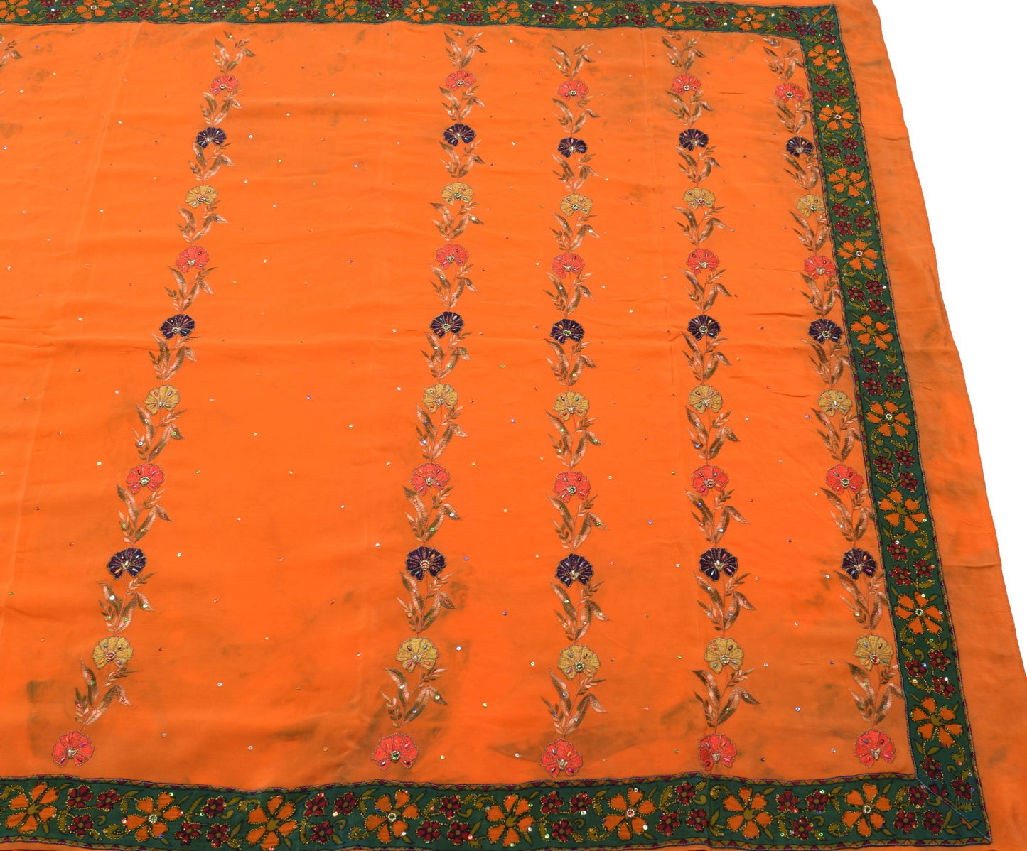 Sushila Vintage Orange Scrap Saree Pure Crepe Embroidered Floral 5YD Sari Fabric