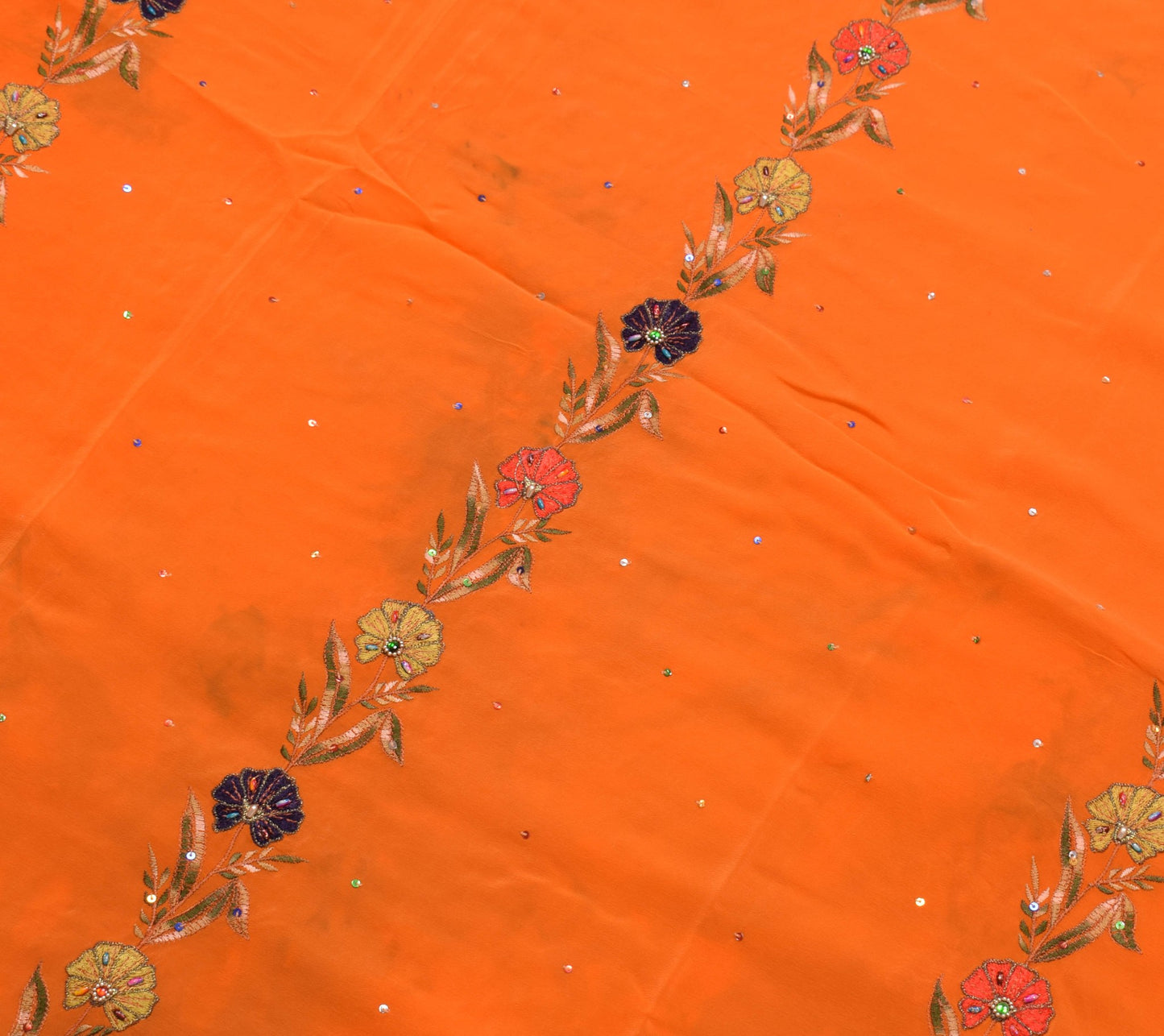 Sushila Vintage Orange Scrap Saree Pure Crepe Embroidered Floral 5YD Sari Fabric