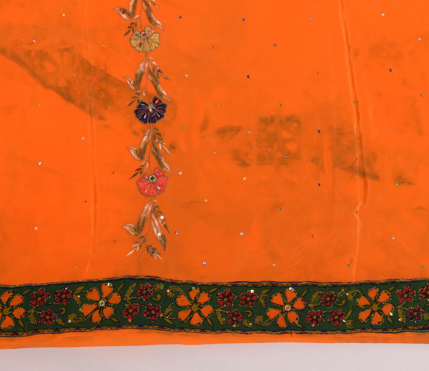 Sushila Vintage Orange Scrap Saree Pure Crepe Embroidered Floral 5YD Sari Fabric