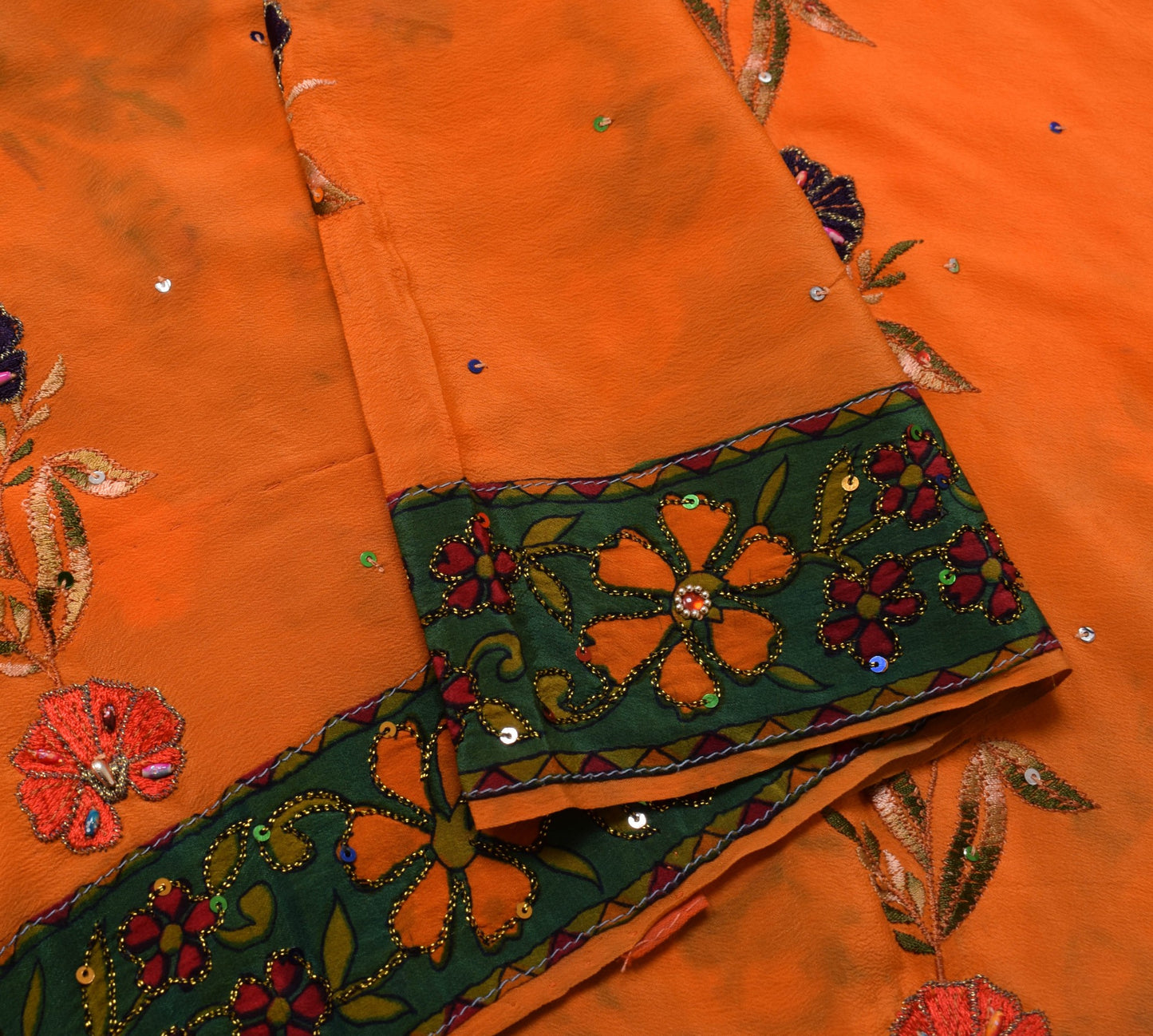 Sushila Vintage Orange Scrap Saree Pure Crepe Embroidered Floral 5YD Sari Fabric