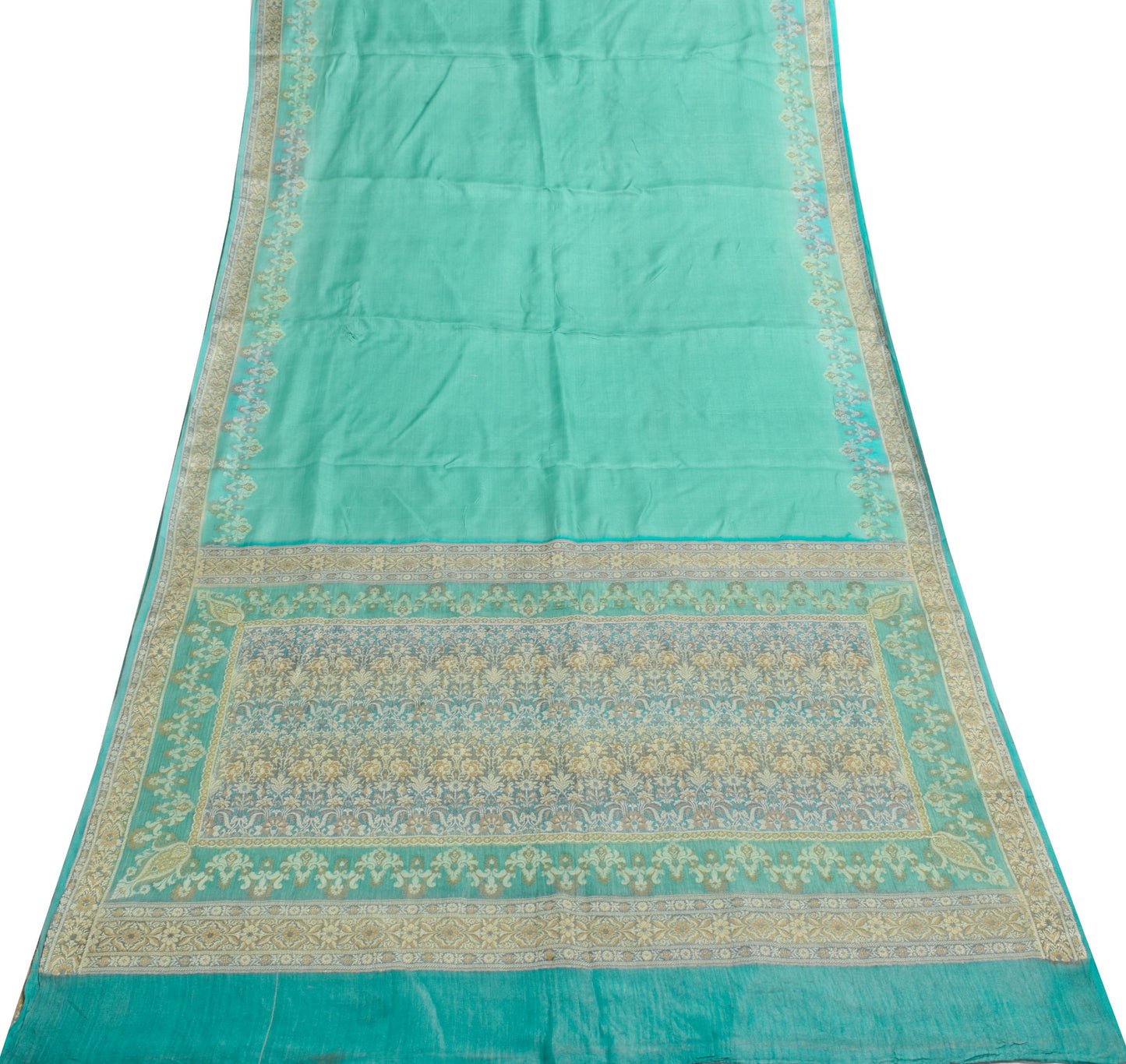 Sushila Vintage Aqua Green Scrap Saree Pure Tussar Silk Woven Soft Sari Fabric