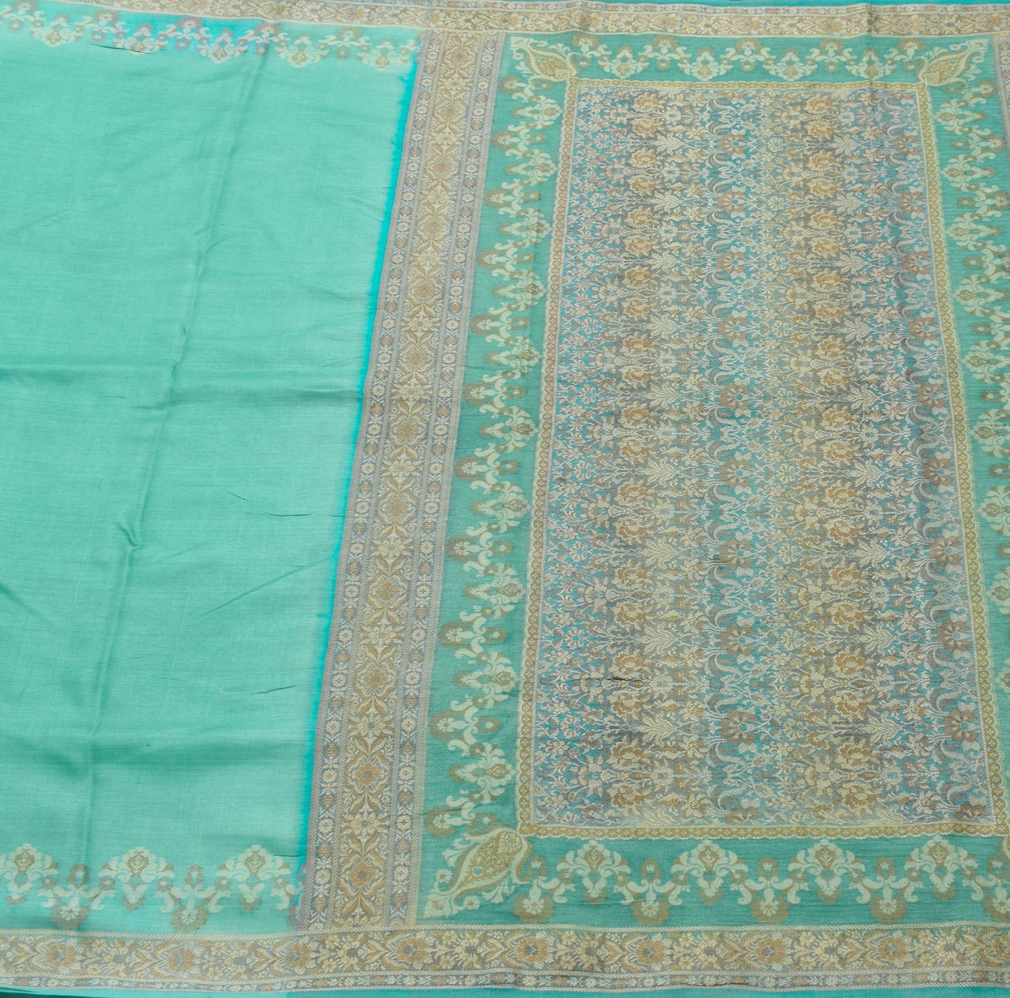 Sushila Vintage Aqua Green Scrap Saree Pure Tussar Silk Woven Soft Sari Fabric