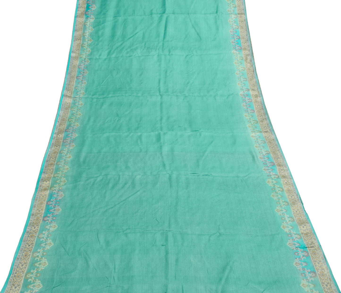 Sushila Vintage Aqua Green Scrap Saree Pure Tussar Silk Woven Soft Sari Fabric