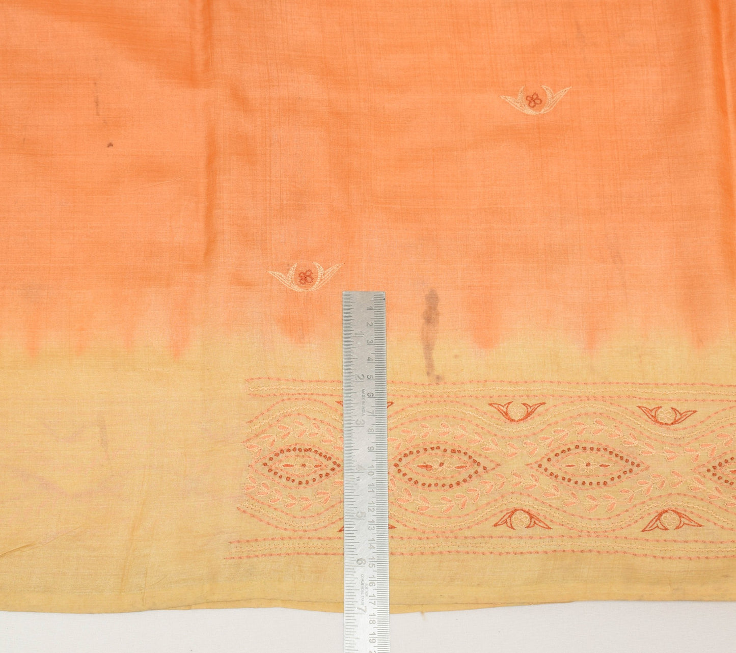 Sushila Vintage Orange Scrap Saree Pure Tusaar Silk Hand Embroidered Sari Fabric