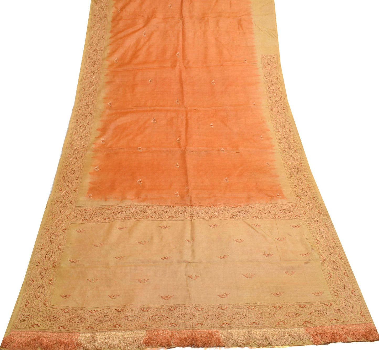 Sushila Vintage Orange Scrap Saree Pure Tusaar Silk Hand Embroidered Sari Fabric