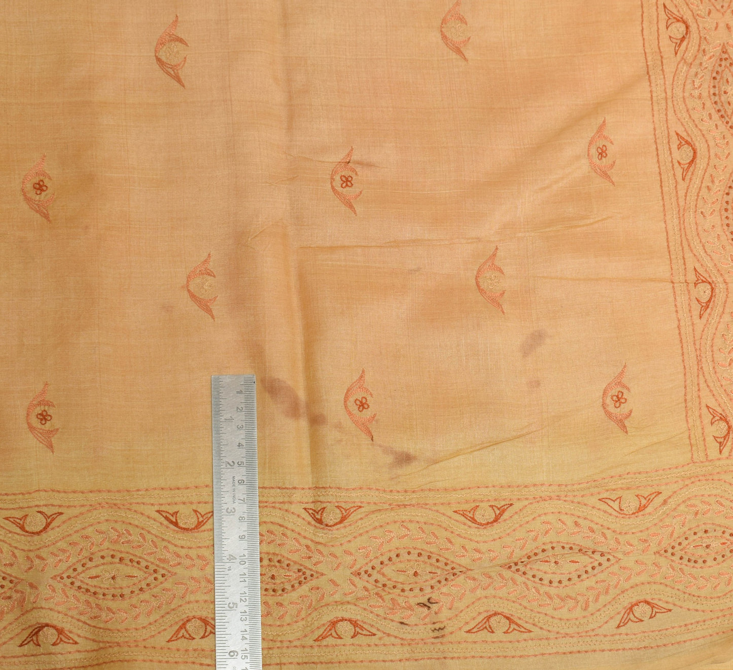 Sushila Vintage Orange Scrap Saree Pure Tusaar Silk Hand Embroidered Sari Fabric