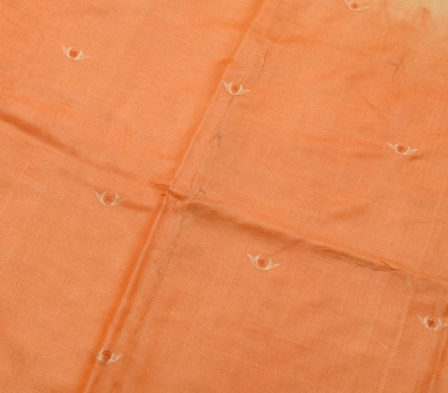 Sushila Vintage Orange Scrap Saree Pure Tusaar Silk Hand Embroidered Sari Fabric