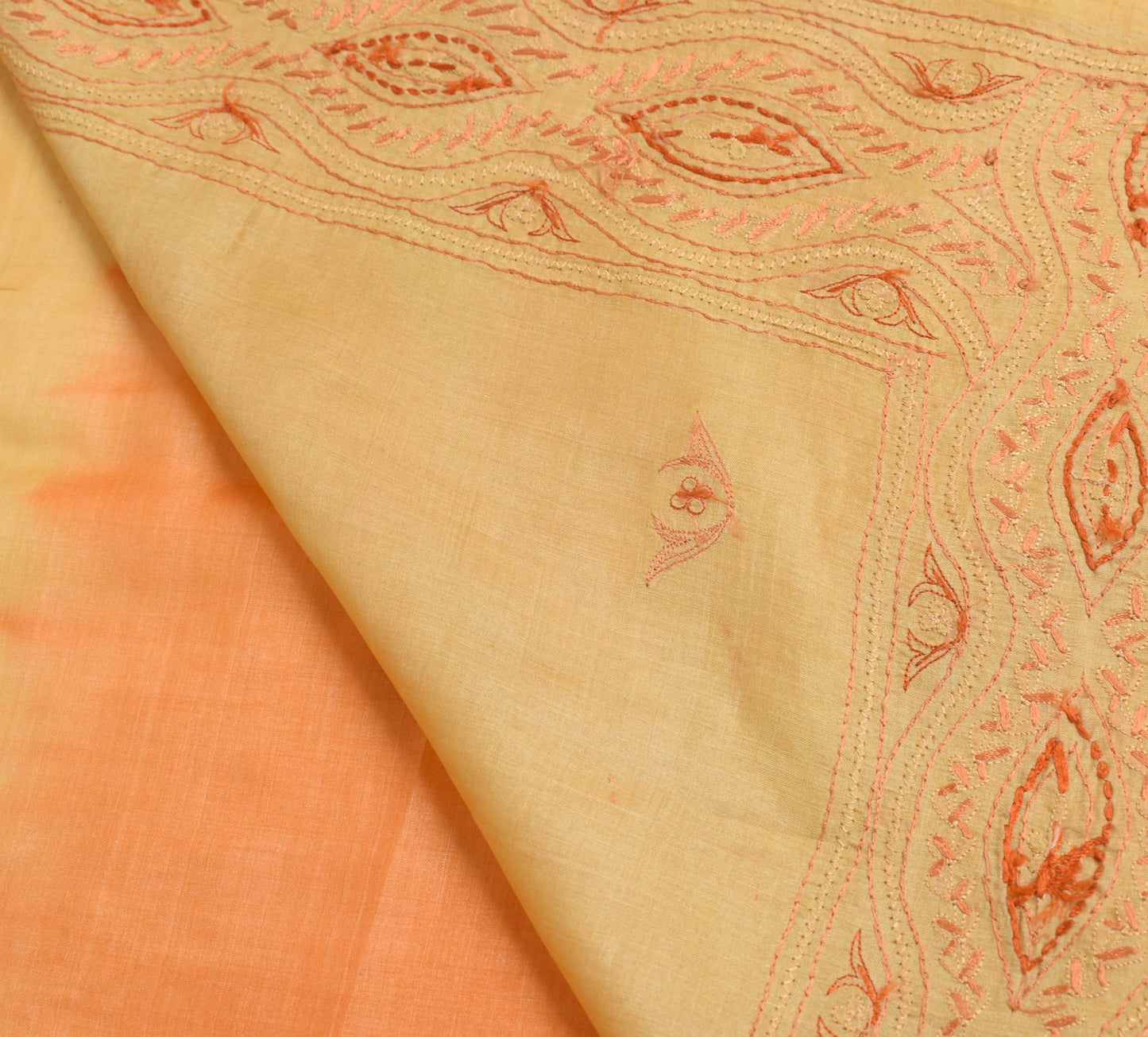 Sushila Vintage Orange Scrap Saree Pure Tusaar Silk Hand Embroidered Sari Fabric