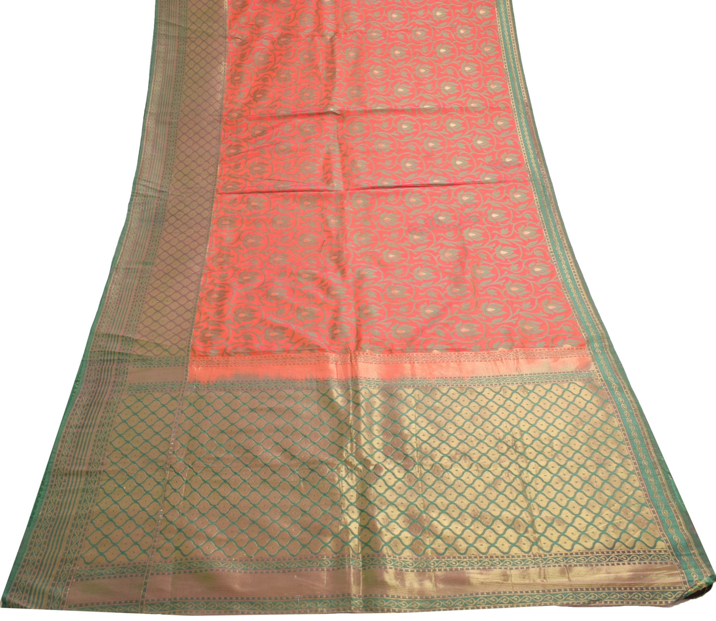 Sushila Vintage Orange Scrap Saree Hand Woven Pure Silk Sari 5yd Craft Fabric