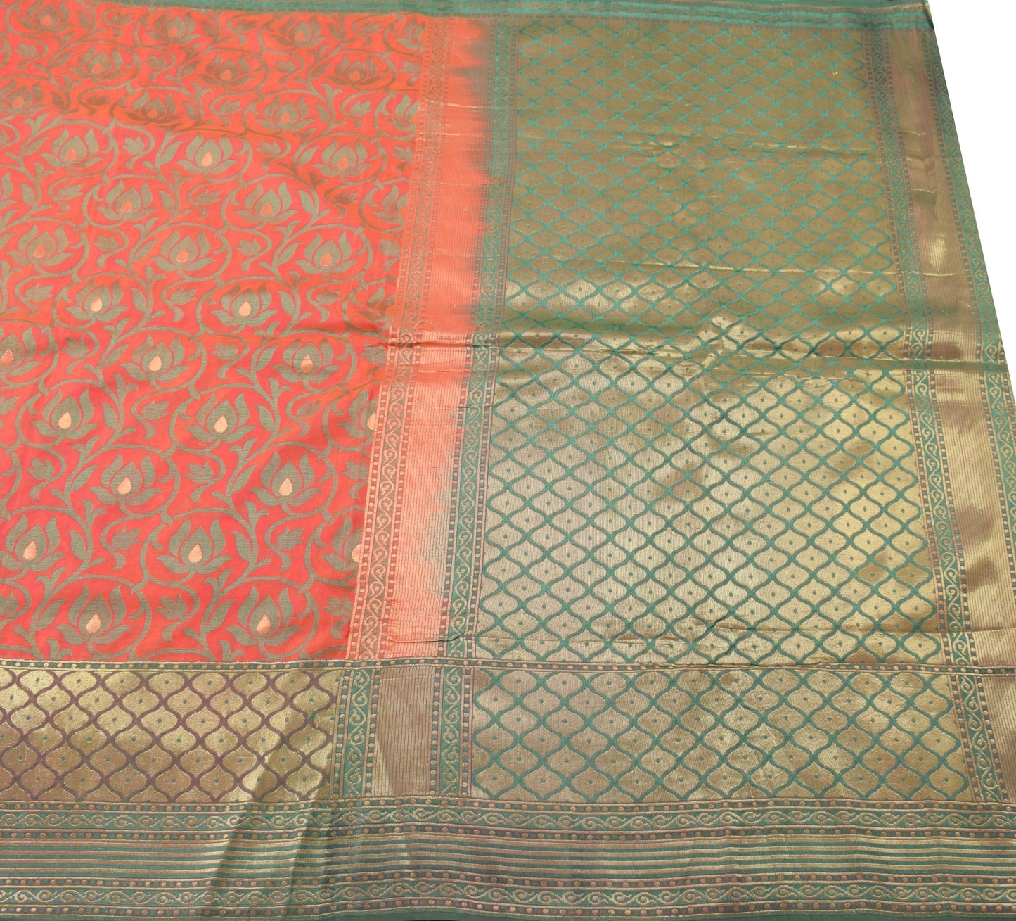 Sushila Vintage Orange Scrap Saree Hand Woven Pure Silk Sari 5yd Craft Fabric