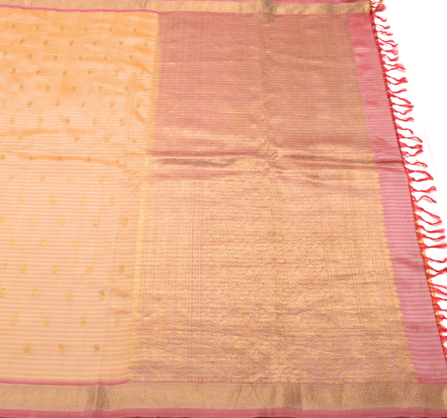 Sushila Vintage Yellow Scrap Saree 100% Pure Silk Stripes Zari Work Sari Fabric