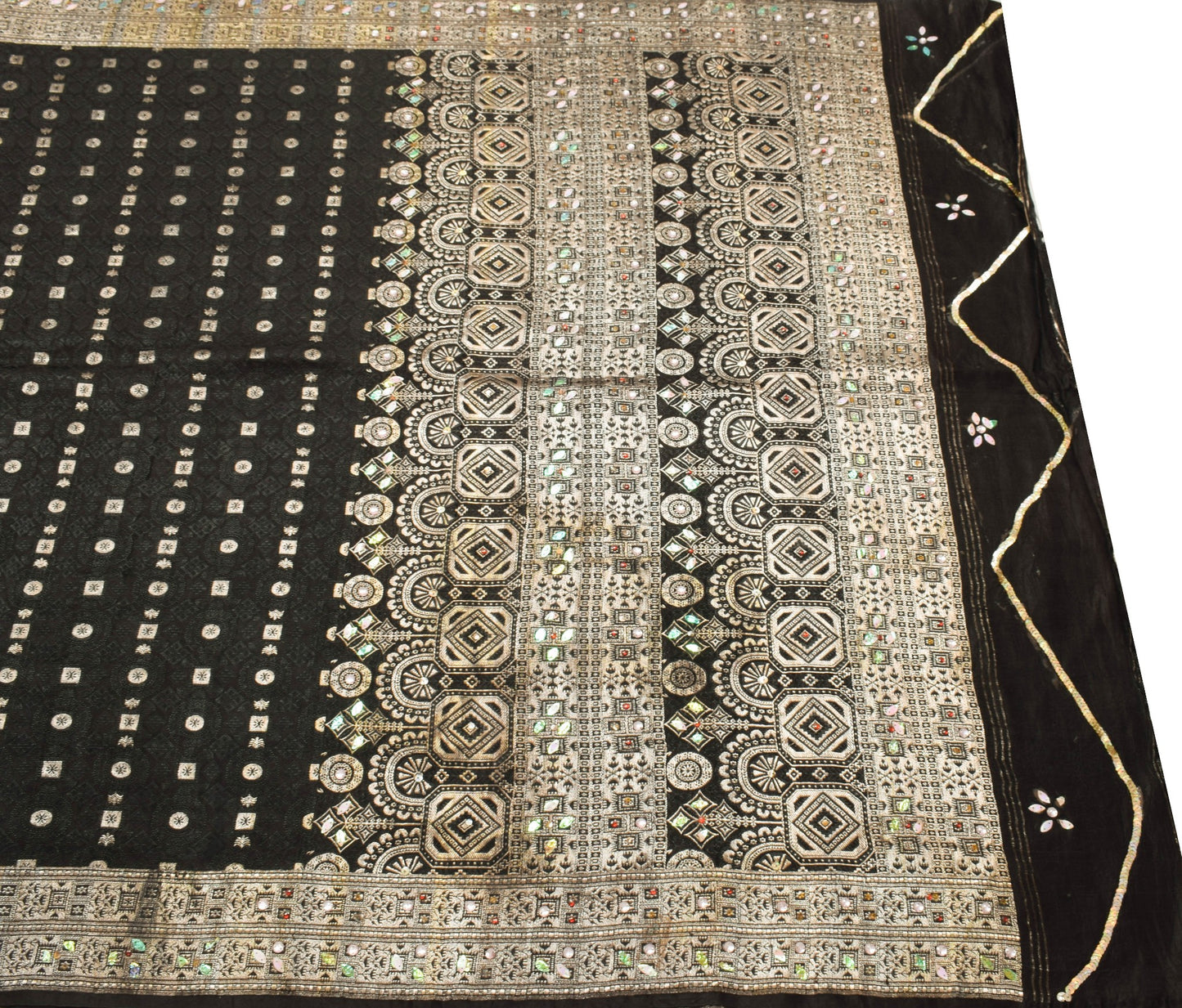 Sushila Vintage Black Banarasi Scrap Saree Pure Satin Silk Zari Brocade Fabric