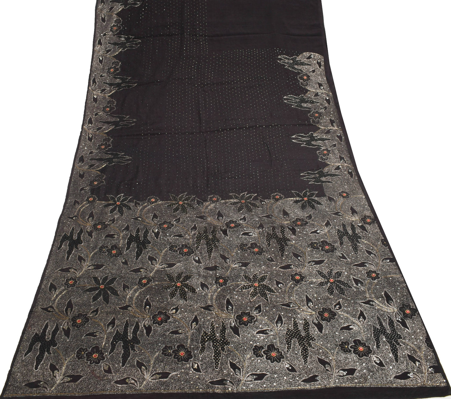 Sushila Vintage Pure Crepe Scrap Saree Zari Embroidered Black Sari Craft Fabric