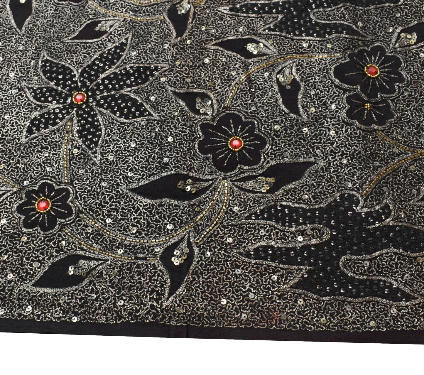 Sushila Vintage Pure Crepe Scrap Saree Zari Embroidered Black Sari Craft Fabric