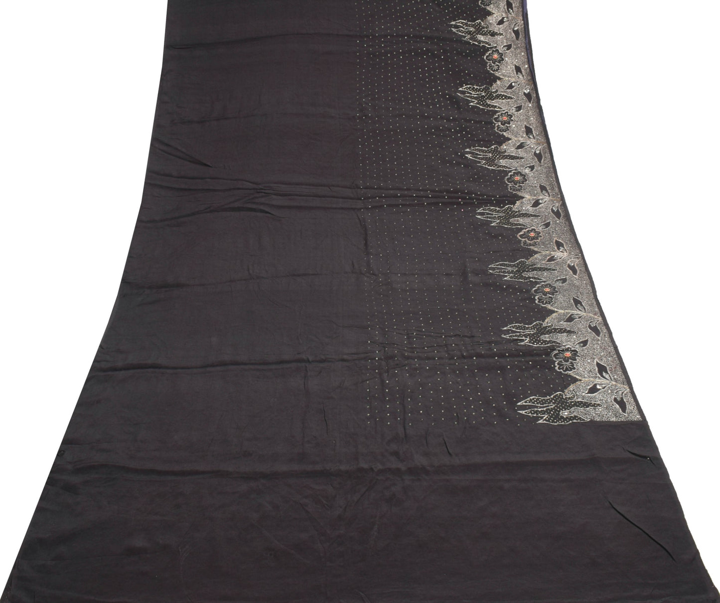 Sushila Vintage Pure Crepe Scrap Saree Zari Embroidered Black Sari Craft Fabric