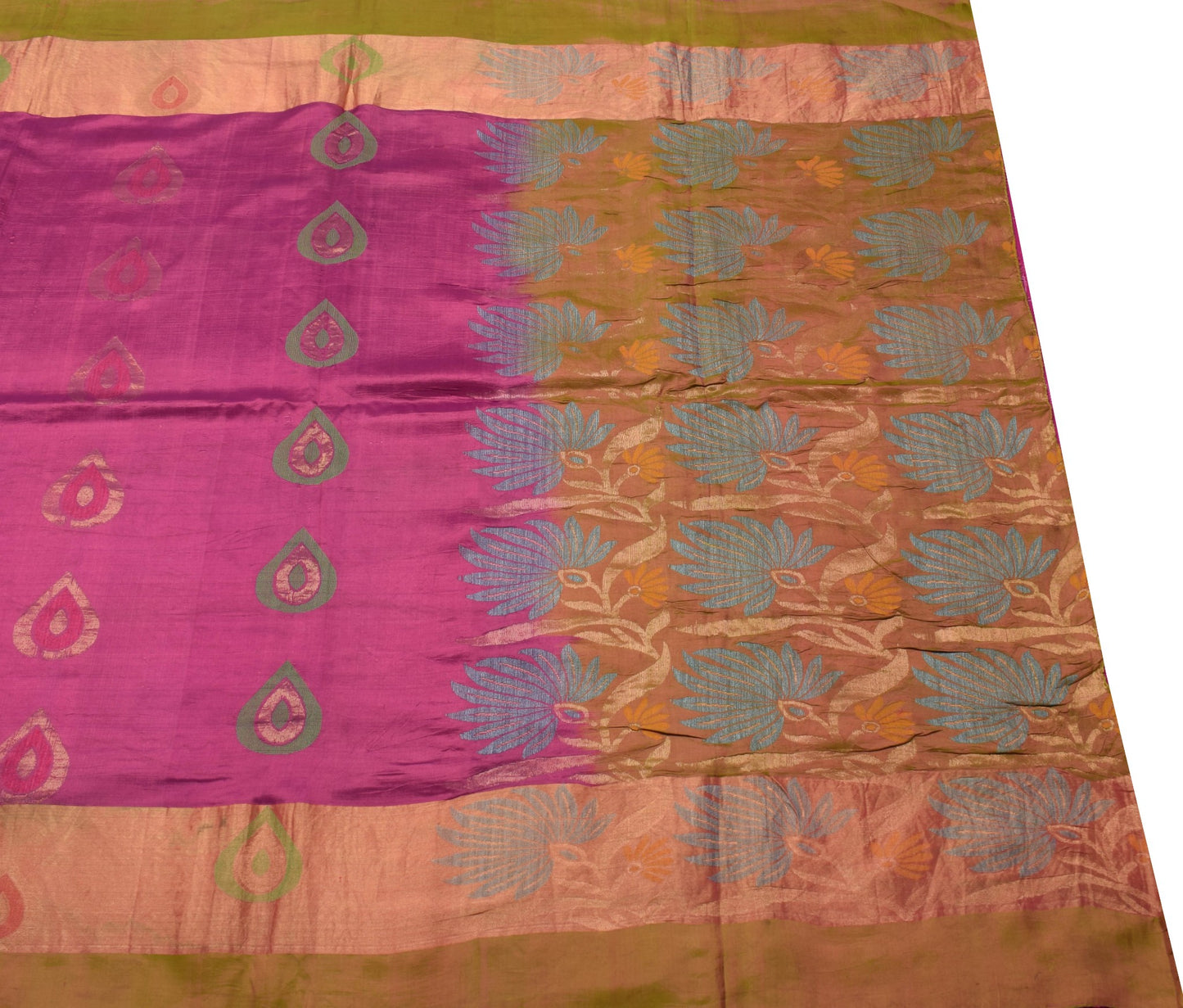 Sushila Vintage Magenta Scrap Saree Pure South Silk Floral Woven Sari Fabric