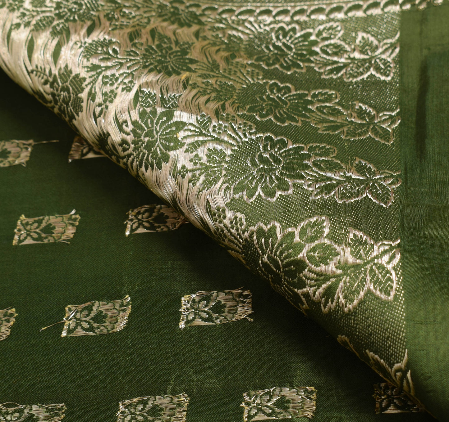 Sushila Vintage Green HEAVY Saree Scrap Banarasi Pure Satin Zari Brocade Fabric