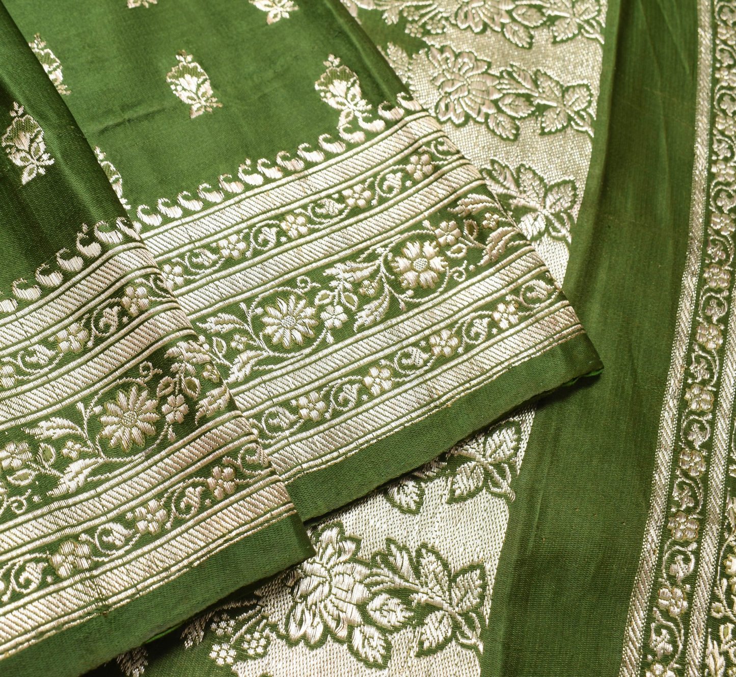 Sushila Vintage Green HEAVY Saree Scrap Banarasi Pure Satin Zari Brocade Fabric