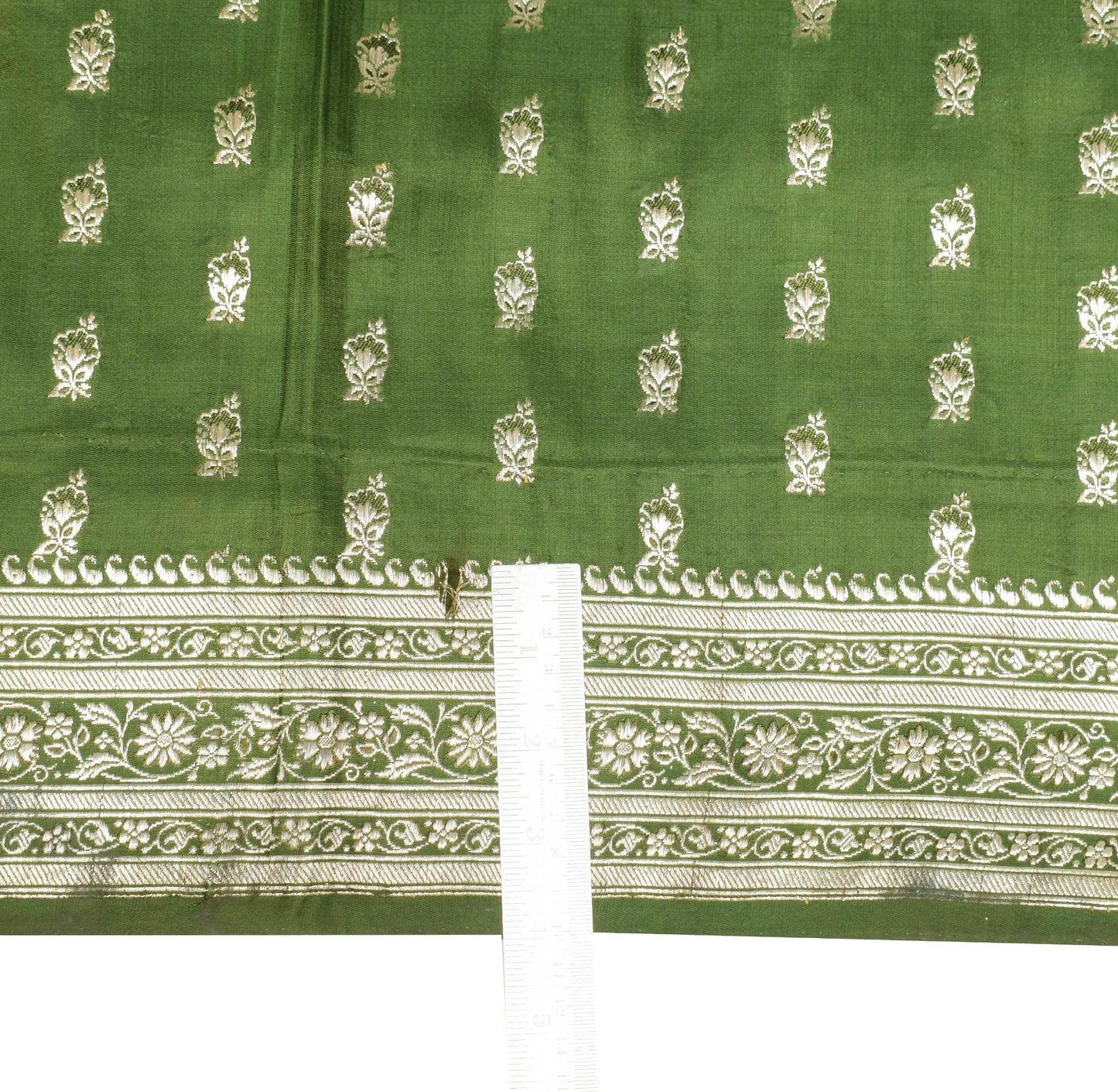 Sushila Vintage Green HEAVY Saree Scrap Banarasi Pure Satin Zari Brocade Fabric