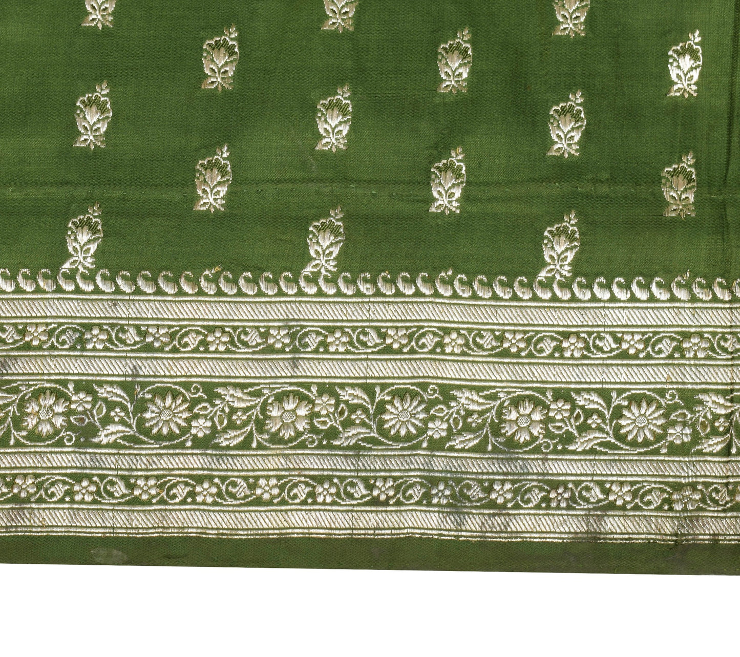 Sushila Vintage Green HEAVY Saree Scrap Banarasi Pure Satin Zari Brocade Fabric