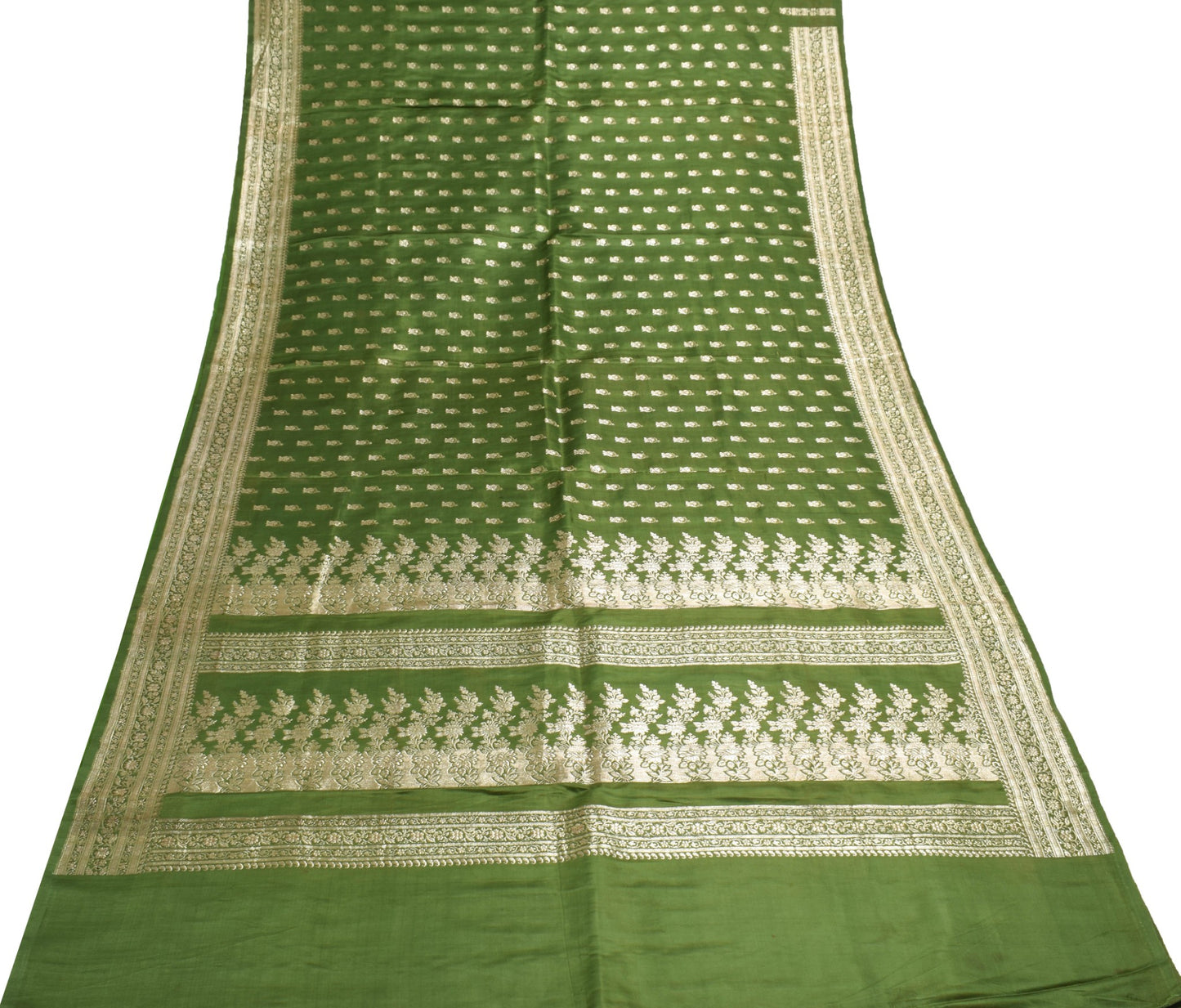 Sushila Vintage Green HEAVY Saree Scrap Banarasi Pure Satin Zari Brocade Fabric