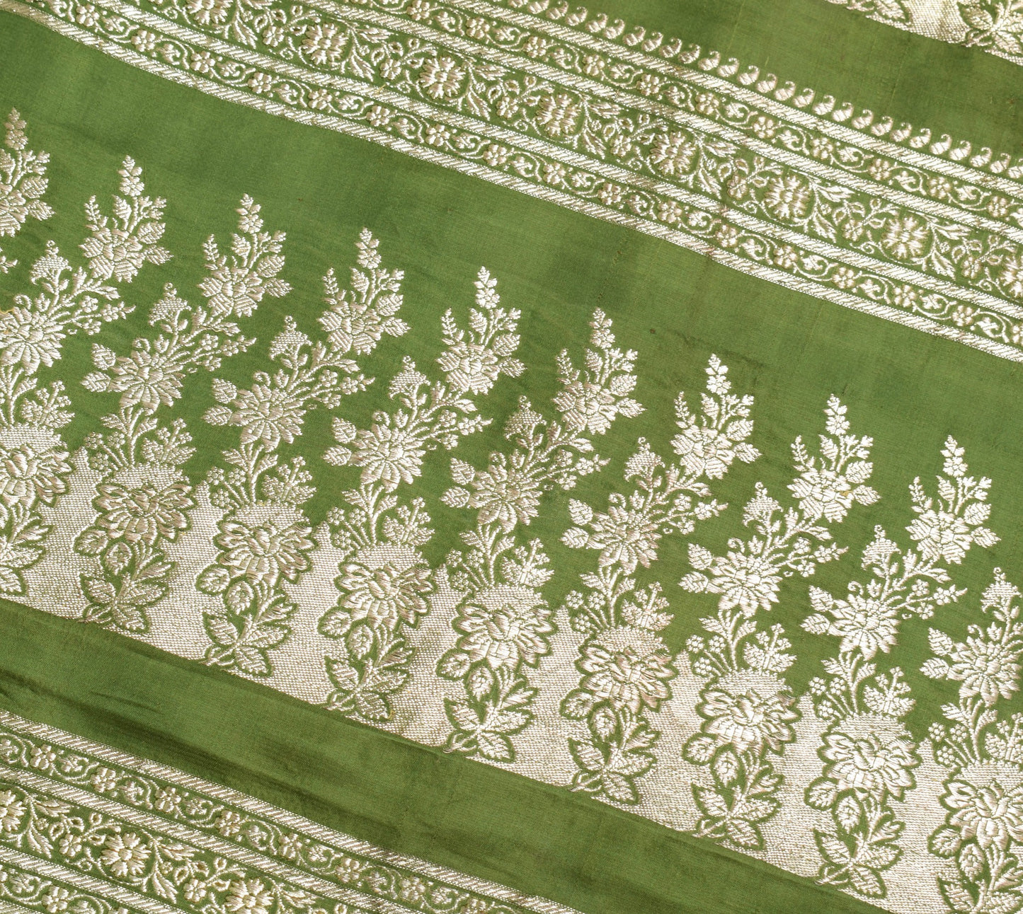 Sushila Vintage Green HEAVY Saree Scrap Banarasi Pure Satin Zari Brocade Fabric