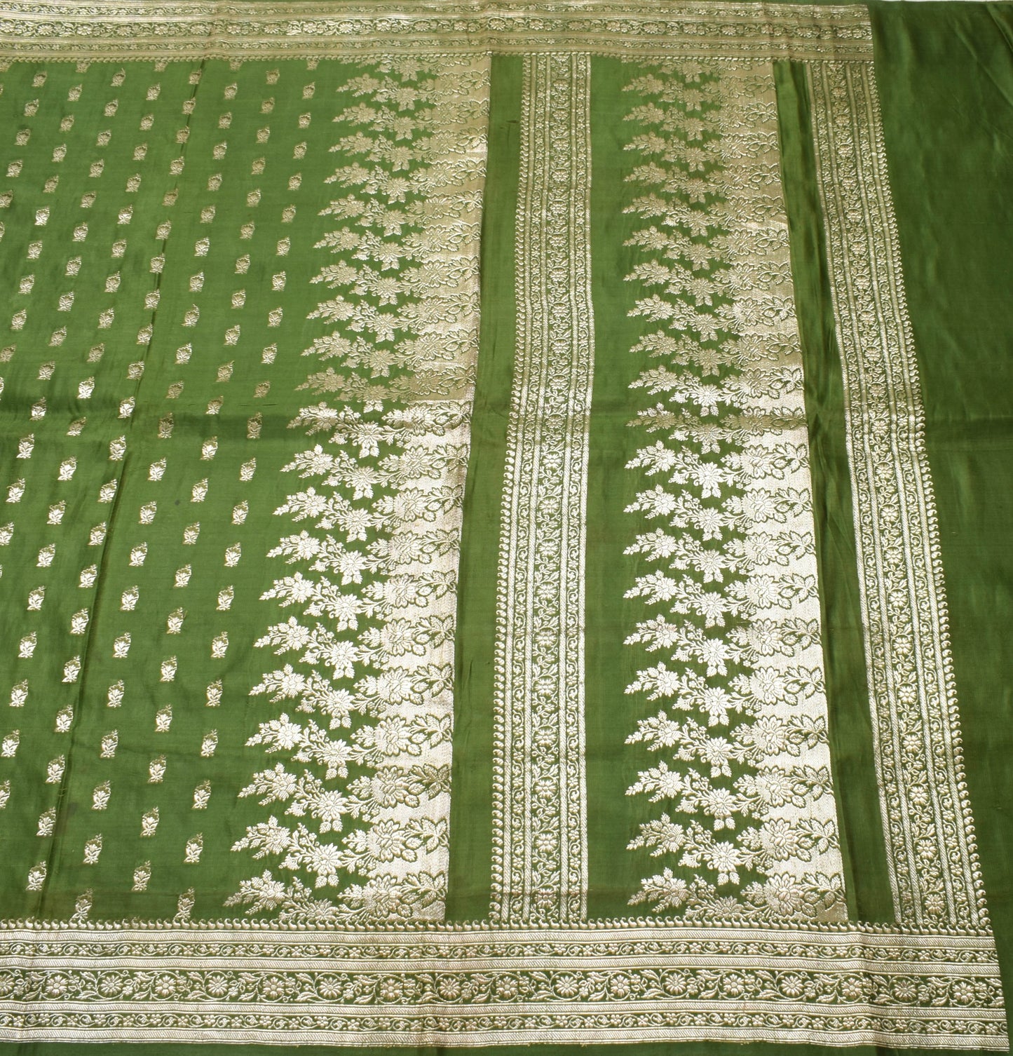 Sushila Vintage Green HEAVY Saree Scrap Banarasi Pure Satin Zari Brocade Fabric