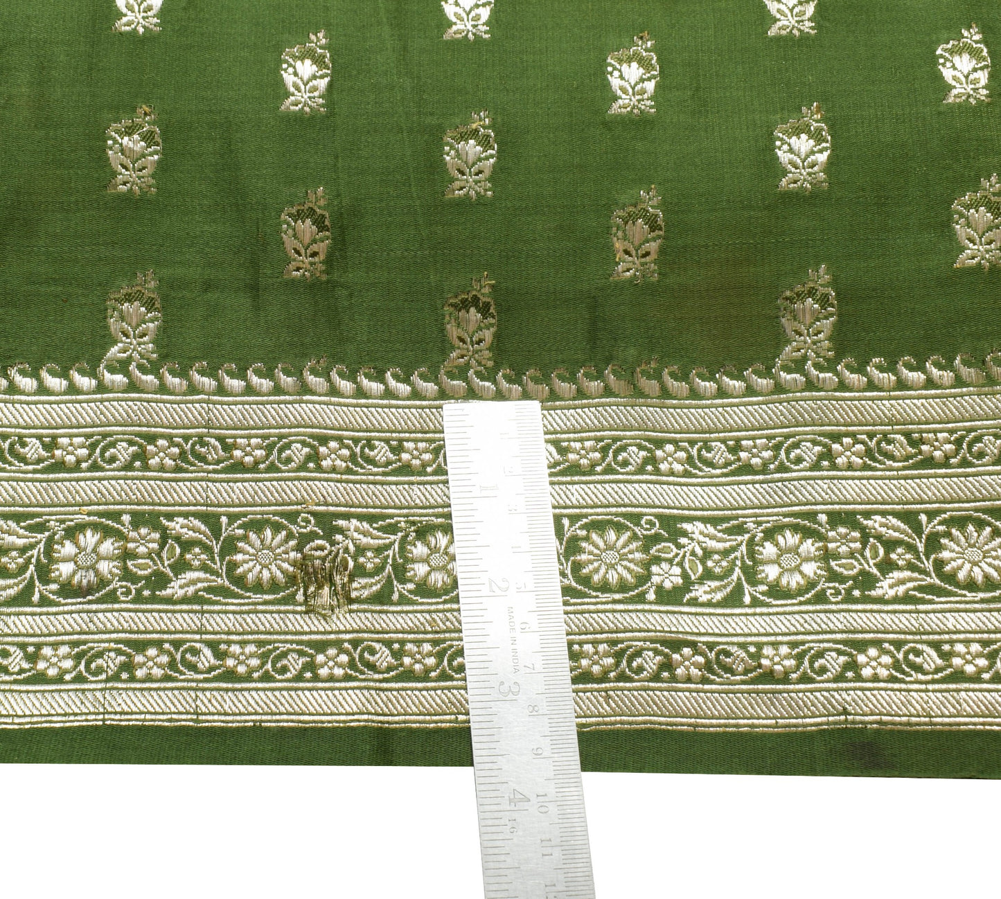 Sushila Vintage Green HEAVY Saree Scrap Banarasi Pure Satin Zari Brocade Fabric