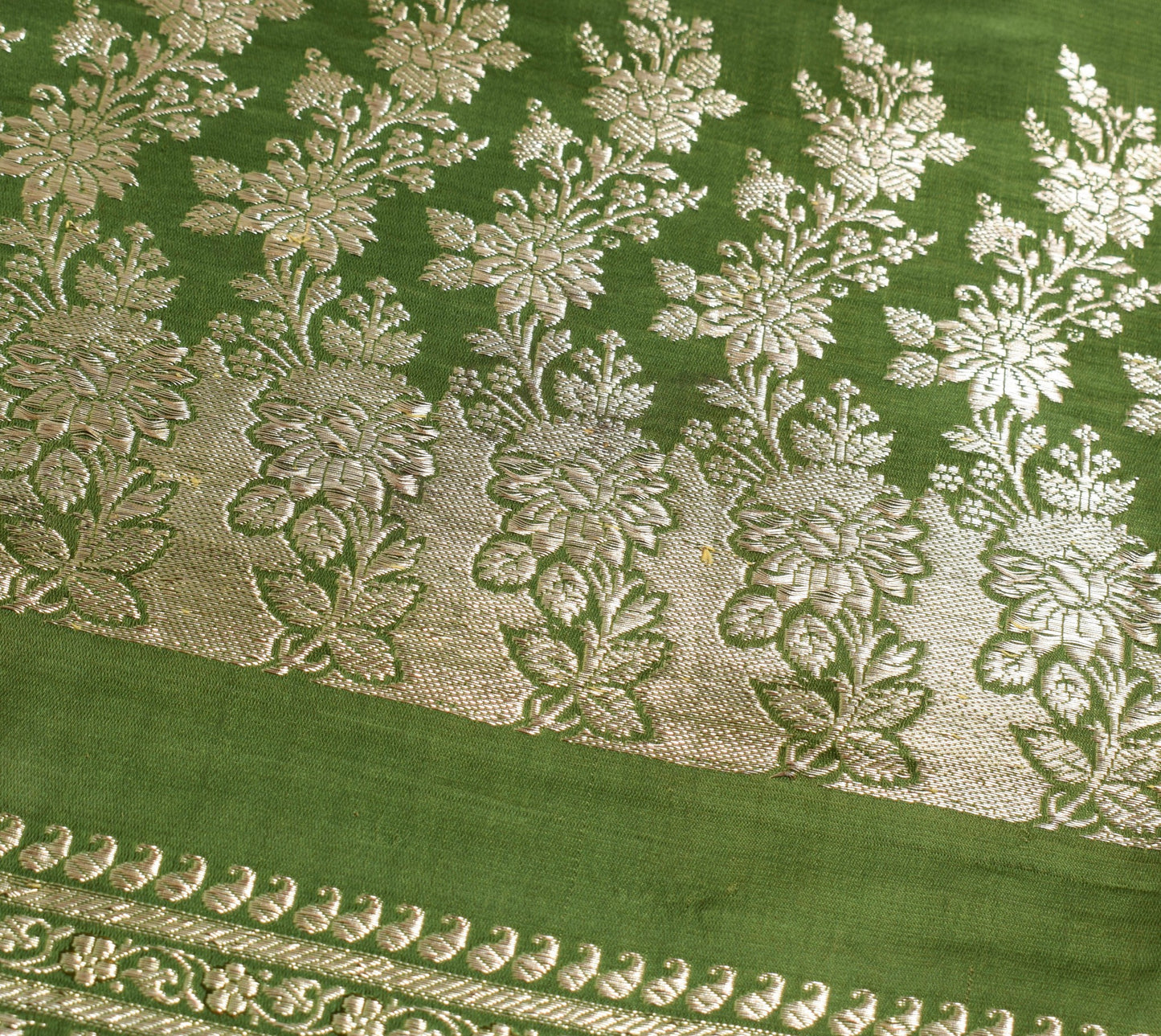 Sushila Vintage Green HEAVY Saree Scrap Banarasi Pure Satin Zari Brocade Fabric