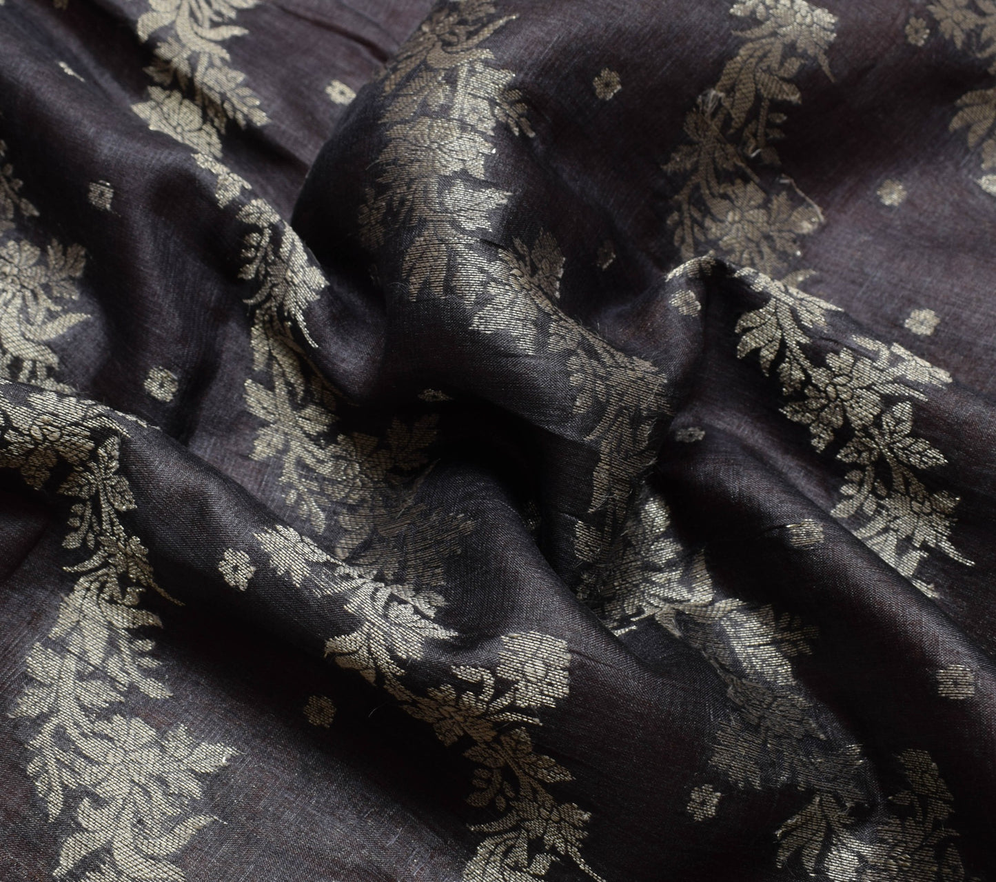 Sushila Vintage Black Scrap Saree 100% Pure Tussar Silk Floral Woven Sari Fabric