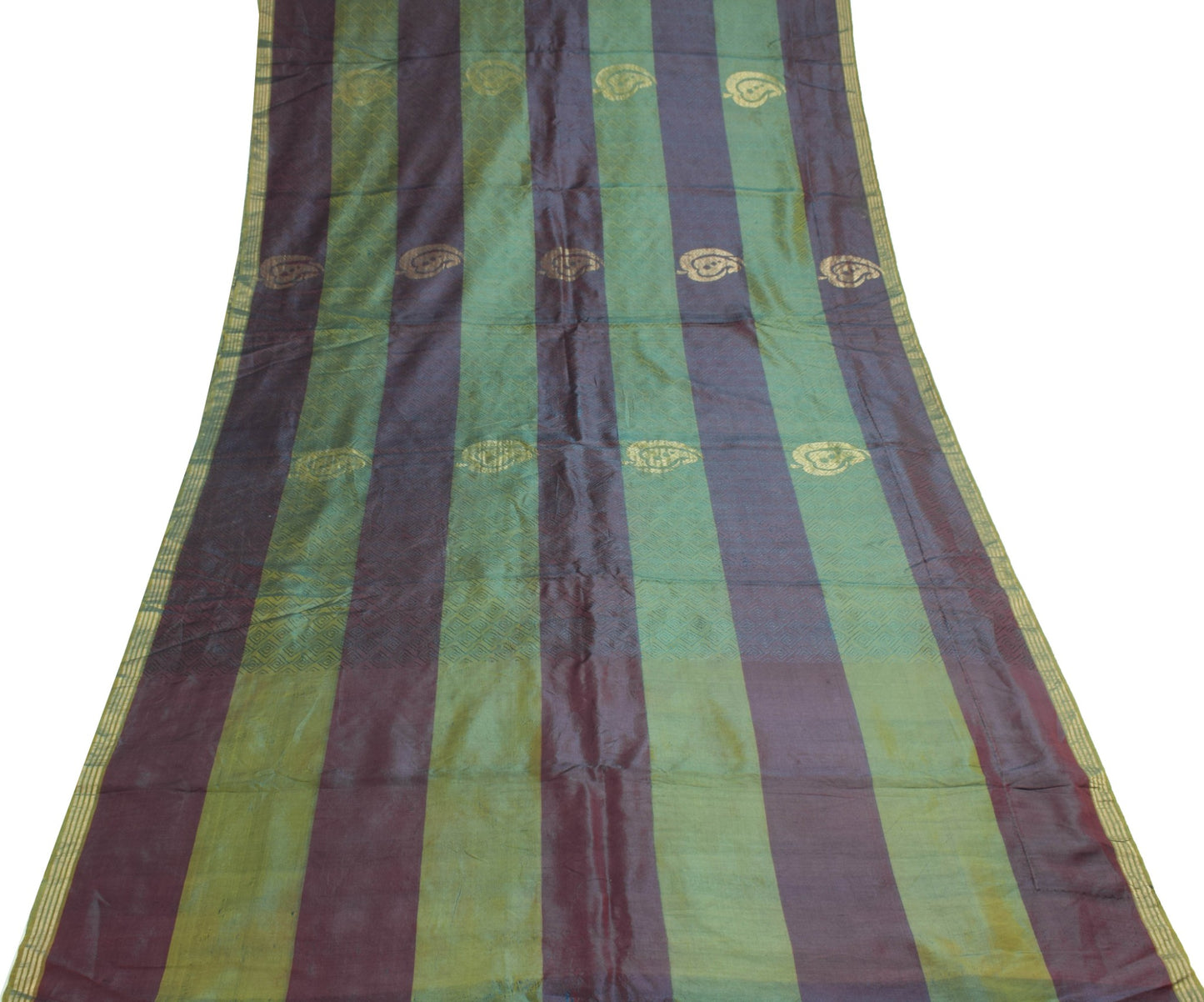 Sushila Vintage Pure Silk Scrap Saree Maroon Green Woven 5 Yds Sari Craft Fabric