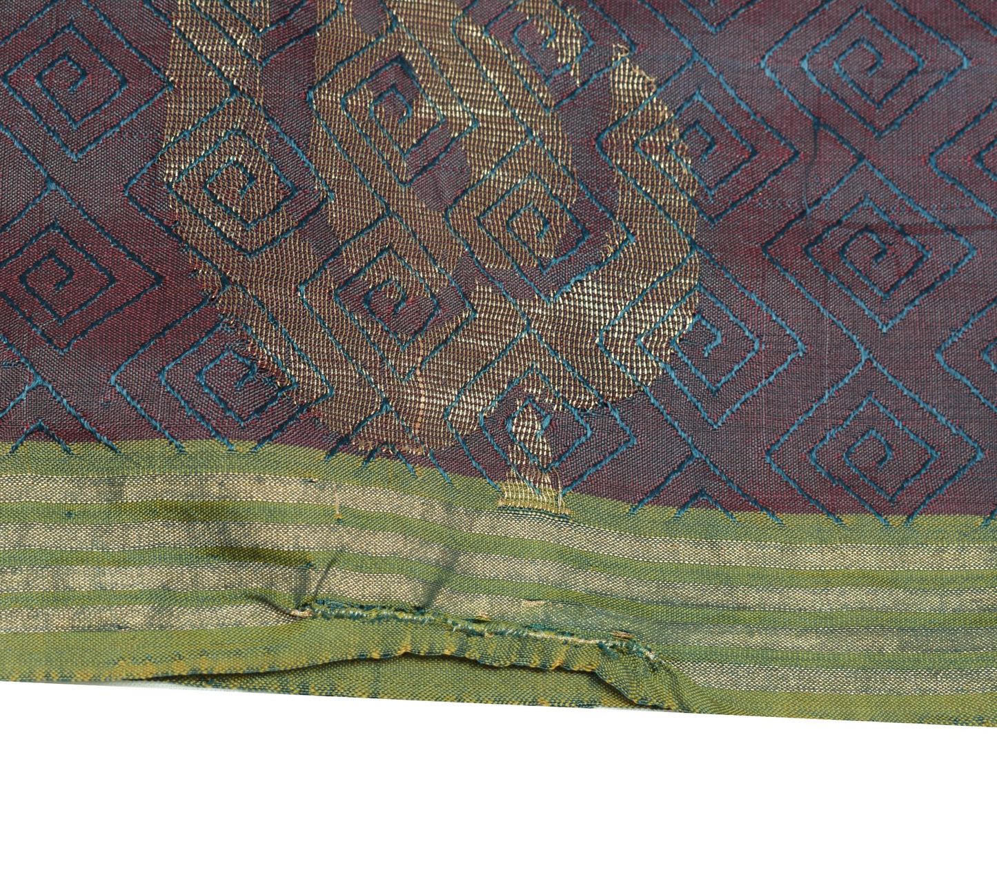 Sushila Vintage Pure Silk Scrap Saree Maroon Green Woven 5 Yds Sari Craft Fabric