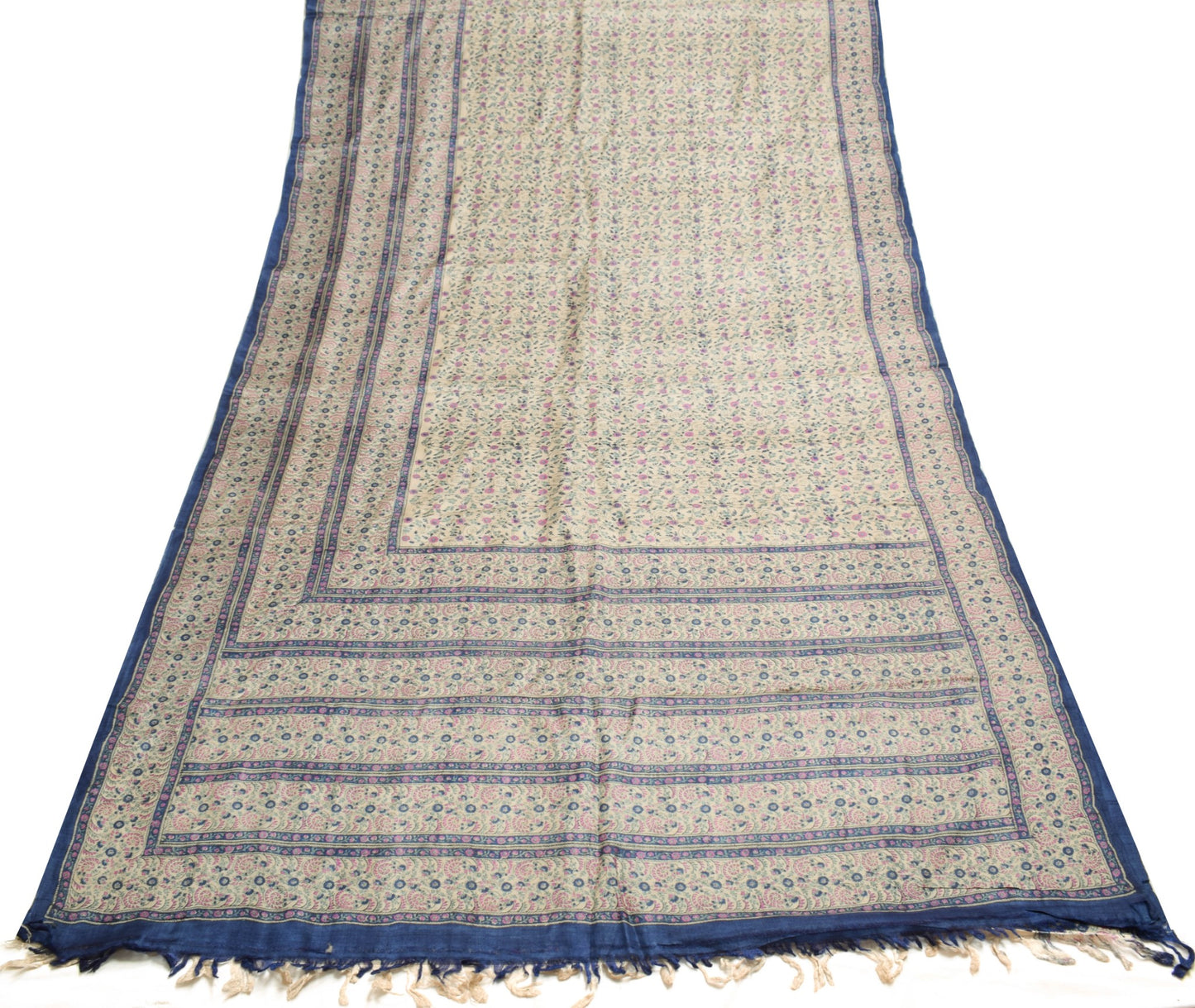 Sushila Vintage Cream Scrap Saree Pure Tussar Silk Hand Block Print Sari Fabric