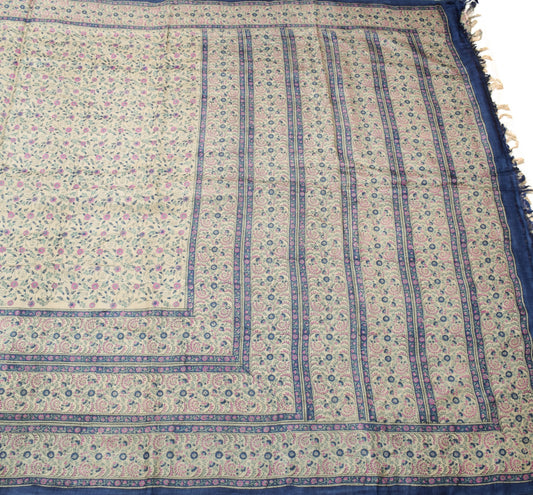 Sushila Vintage Cream Scrap Saree Pure Tussar Silk Hand Block Print Sari Fabric