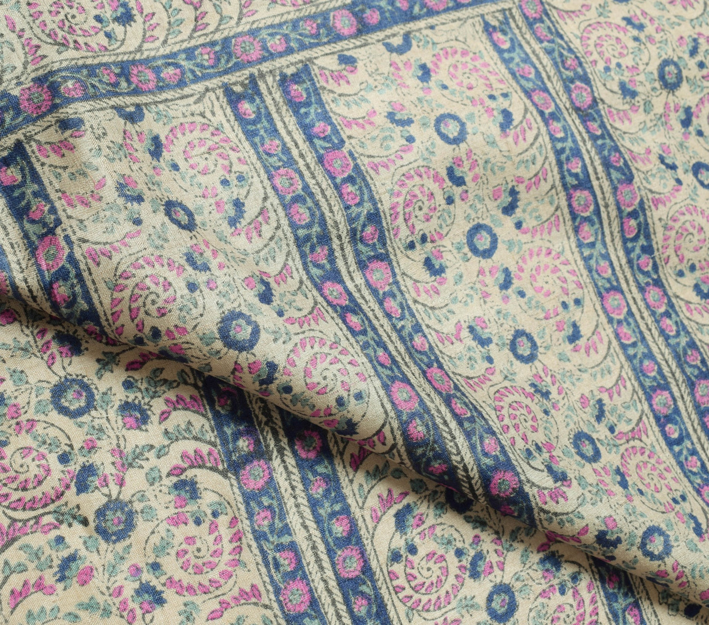 Sushila Vintage Cream Scrap Saree Pure Tussar Silk Hand Block Print Sari Fabric