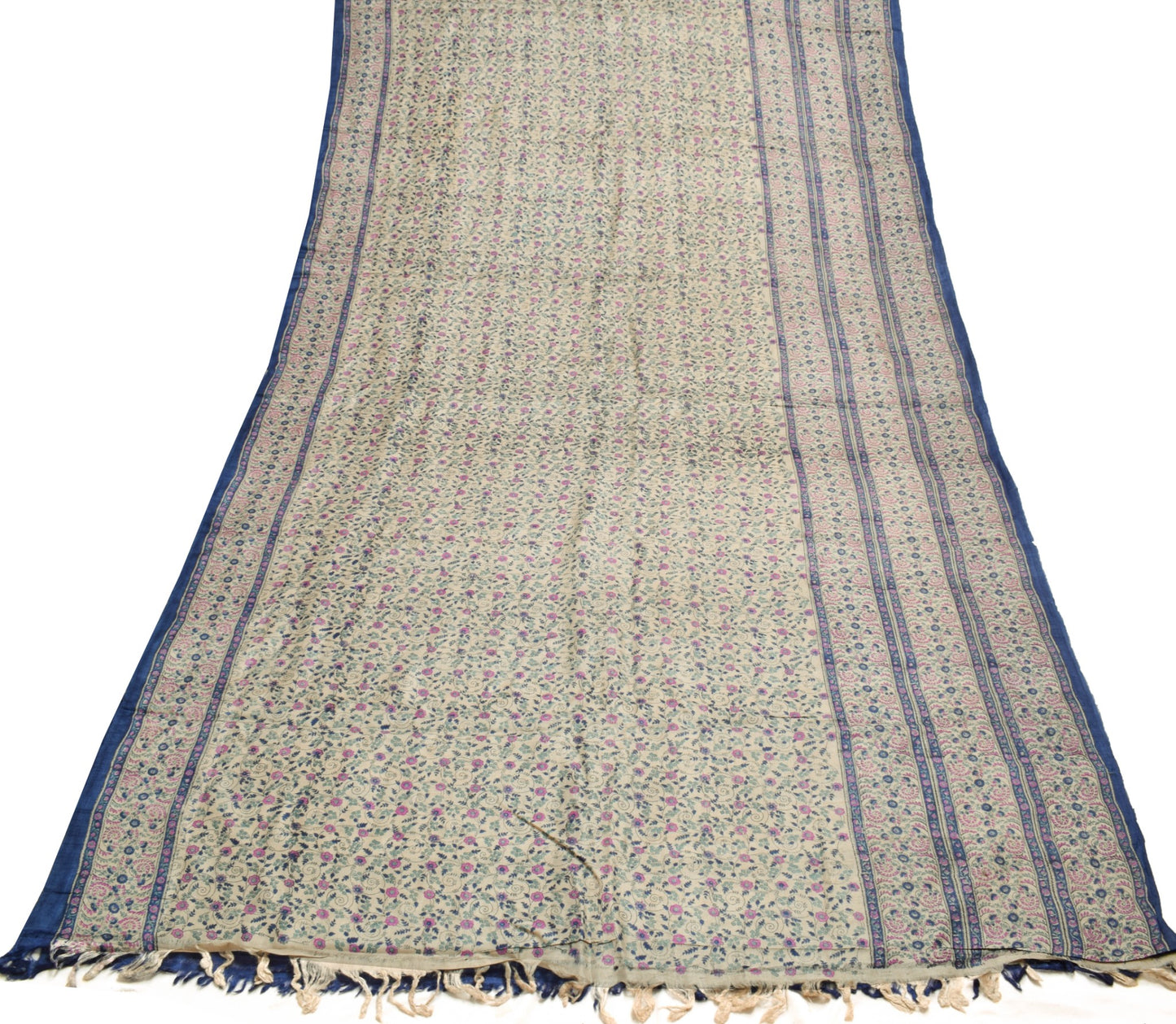 Sushila Vintage Cream Scrap Saree Pure Tussar Silk Hand Block Print Sari Fabric