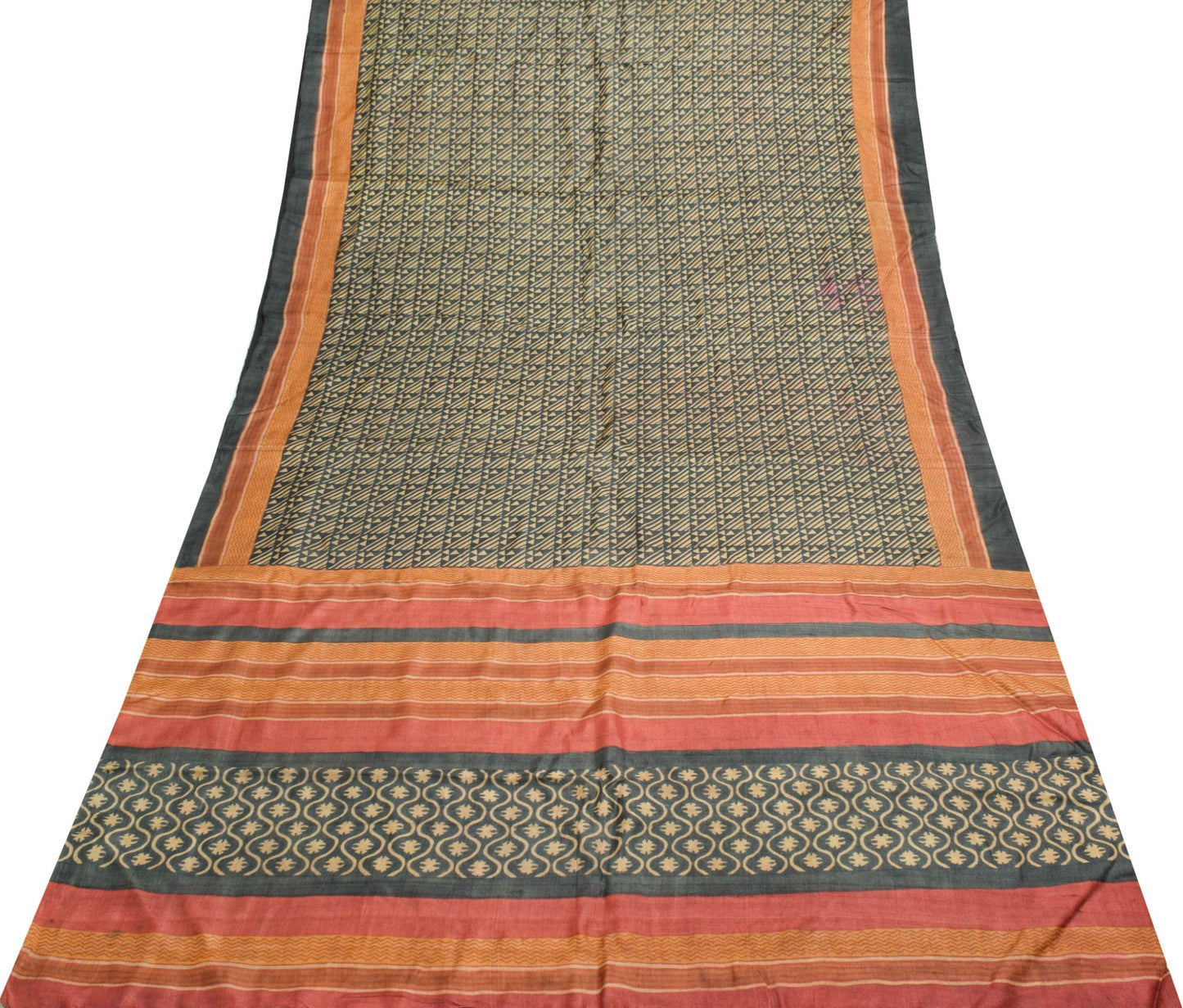 Sushila Vintage Black Scrap Saree 100% Pure Silk Hand Block Printed Sari Fabric