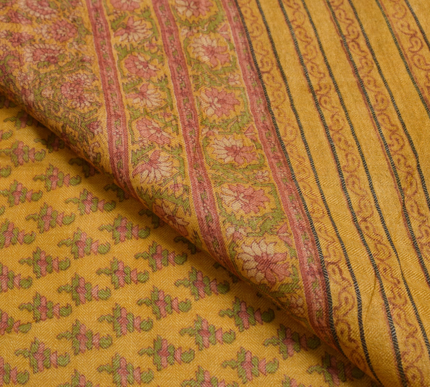 Sushila Vintage Pure Woolen Scrap Saree Woven BRANDED Mustard Sari Craft Fabric