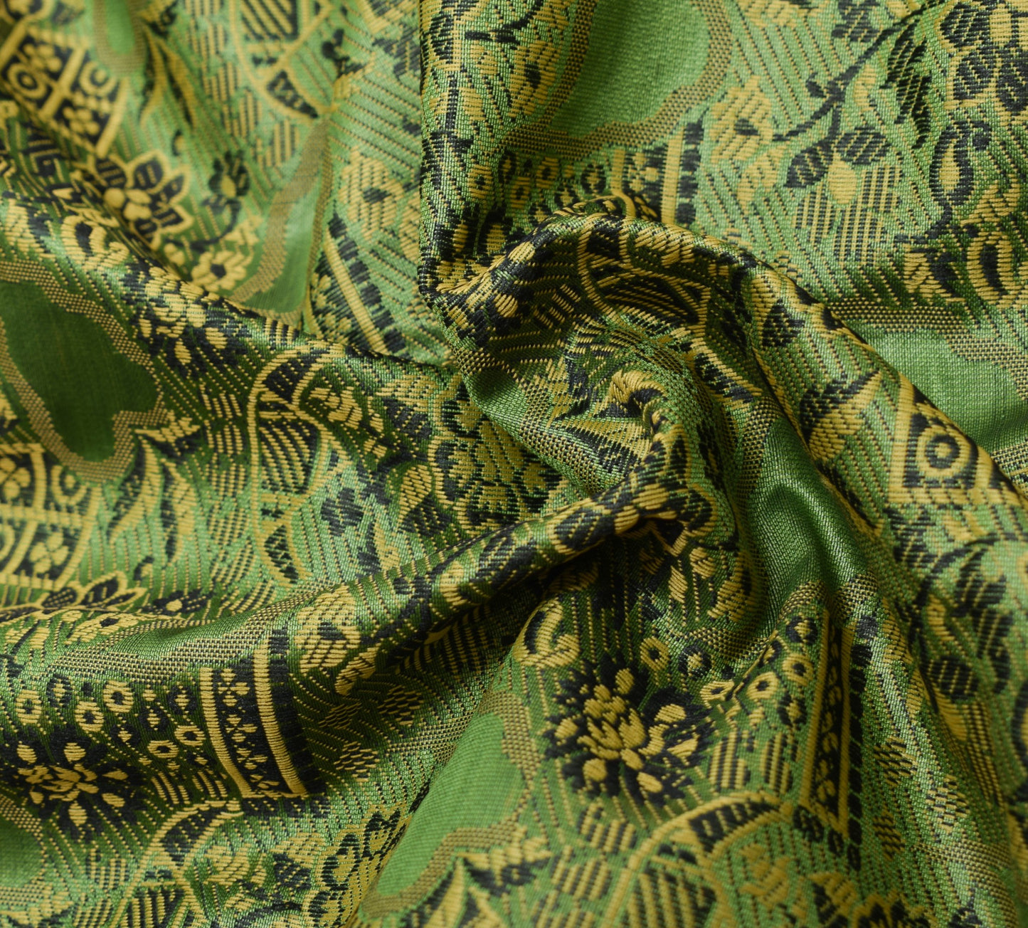 Sushila Vintage Green Art Silk Scrap Saree All Over Resham Woven 5YD Sari Fabric