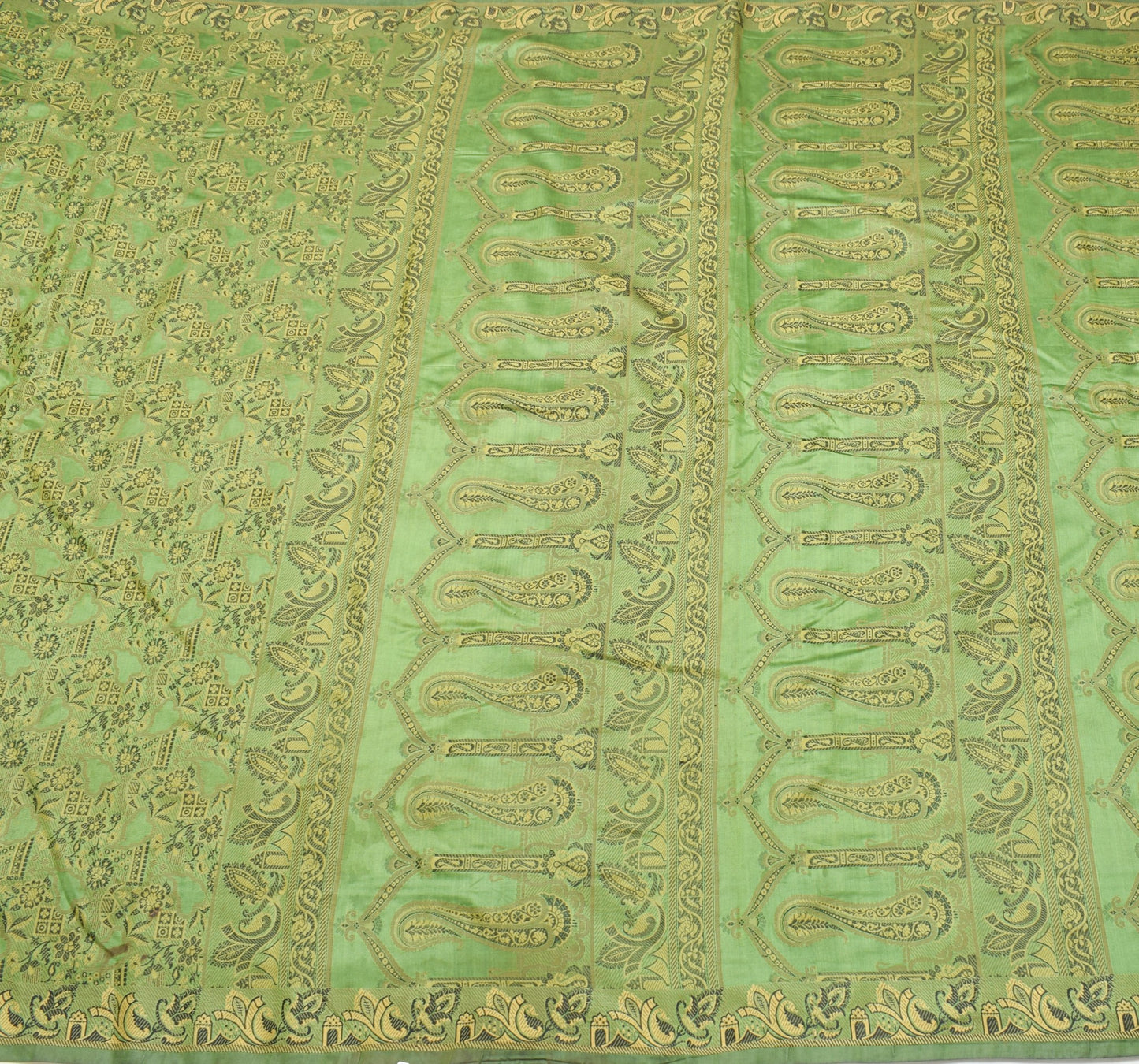 Sushila Vintage Green Art Silk Scrap Saree All Over Resham Woven 5YD Sari Fabric