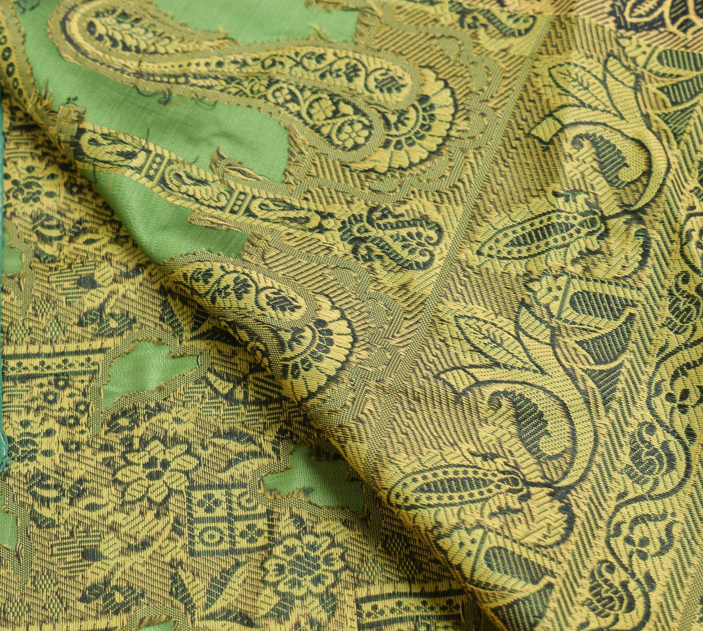 Sushila Vintage Green Art Silk Scrap Saree All Over Resham Woven 5YD Sari Fabric