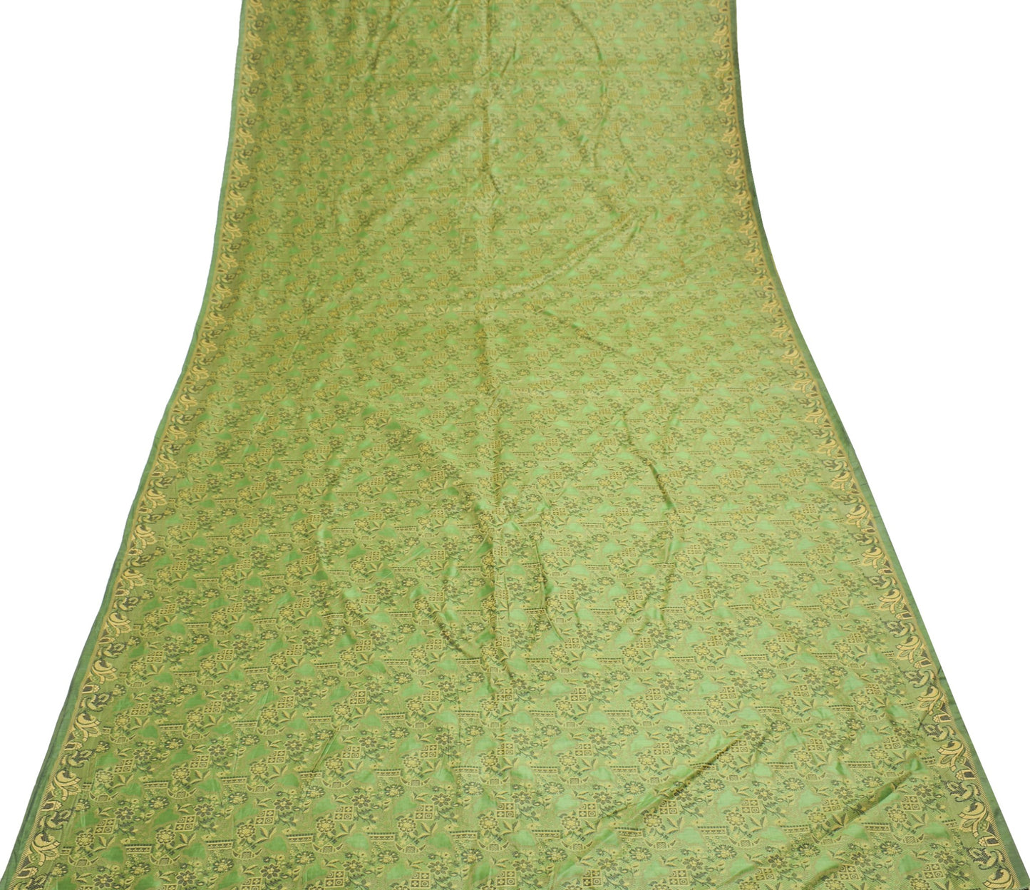 Sushila Vintage Green Art Silk Scrap Saree All Over Resham Woven 5YD Sari Fabric