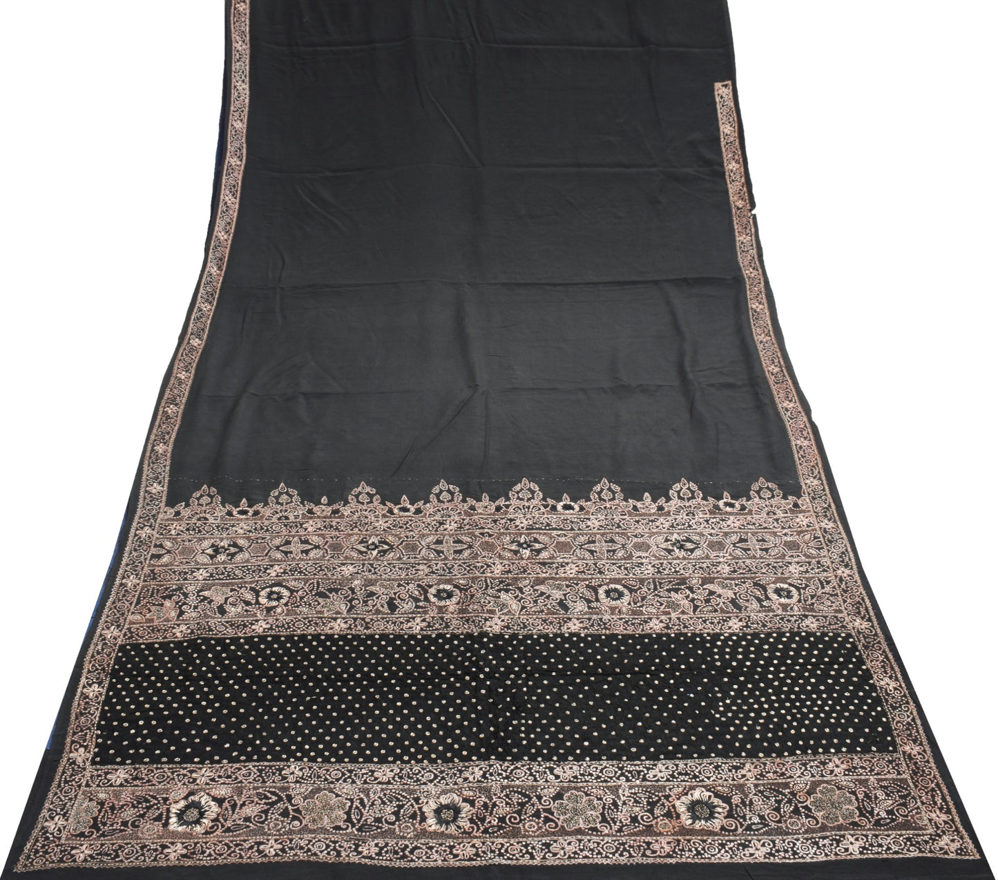 Sushila Vintage Black Scrap Saree 100%Pure Crepe Silk Zari Work Soft Sari Fabric