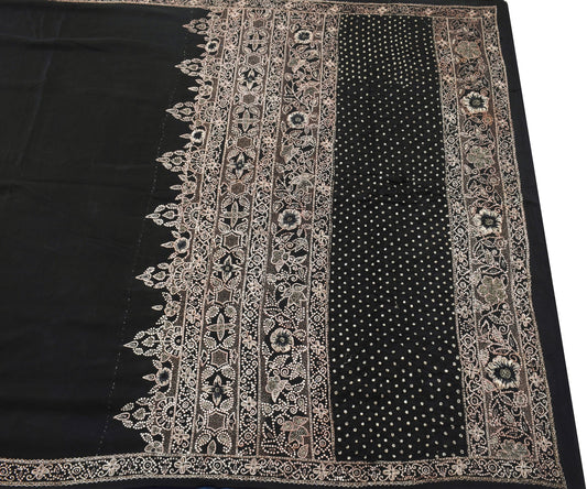 Sushila Vintage Black Scrap Saree 100%Pure Crepe Silk Zari Work Soft Sari Fabric