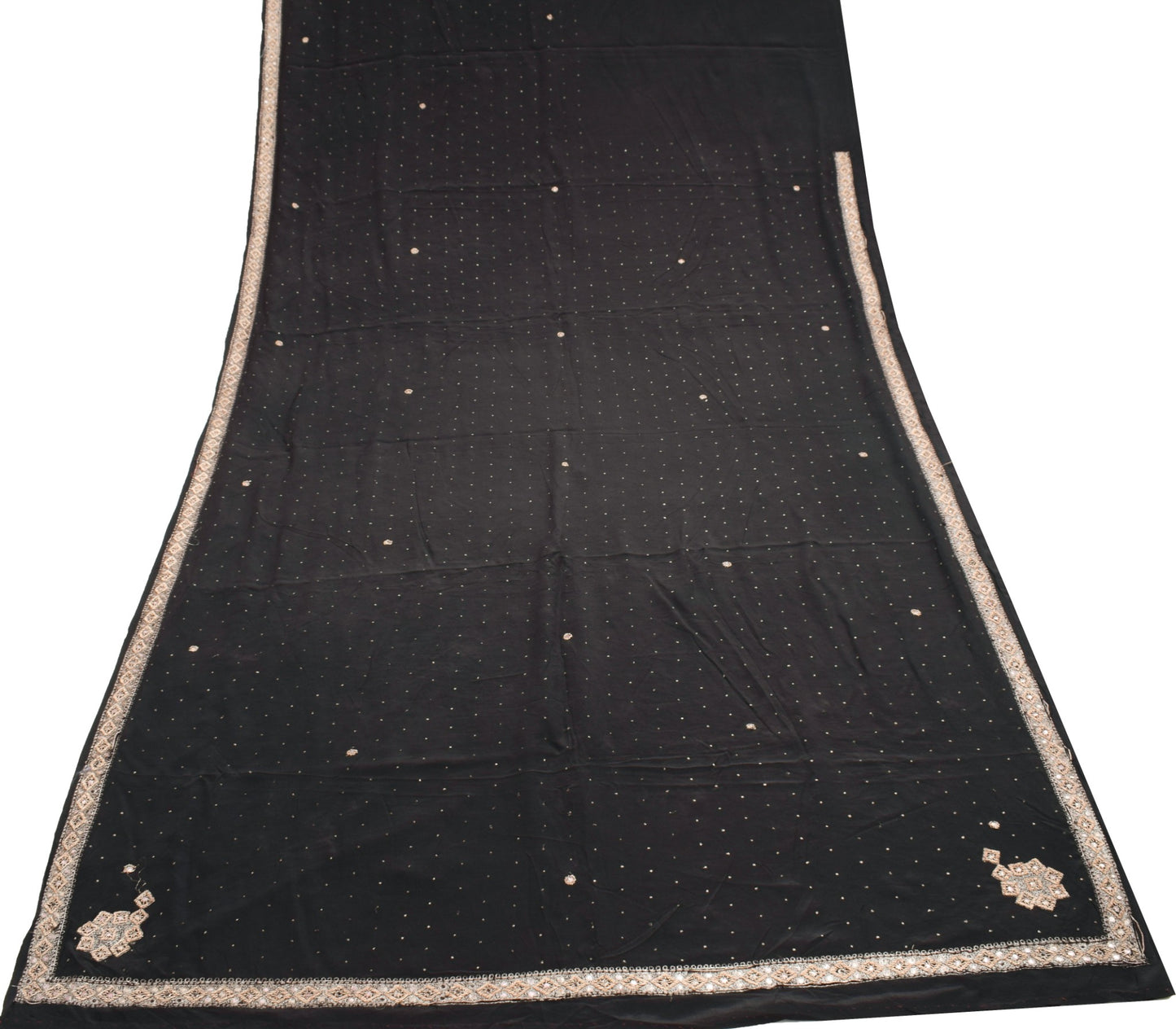 Sushila Vintage Black Scrap Saree Hand Beaded Zardozi Pure Crepe SilkSari Fabric