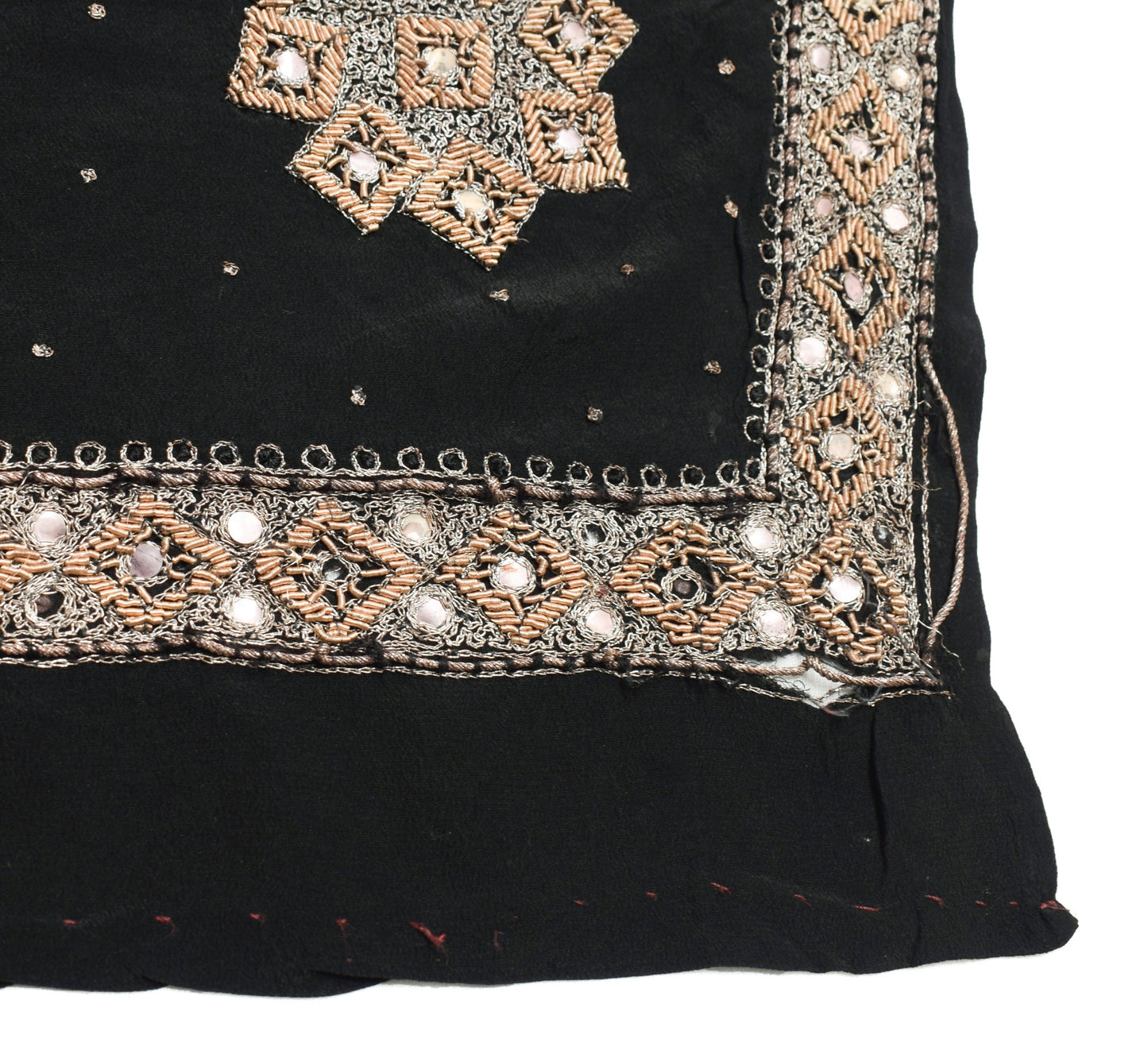 Sushila Vintage Black Scrap Saree Hand Beaded Zardozi Pure Crepe SilkSari Fabric