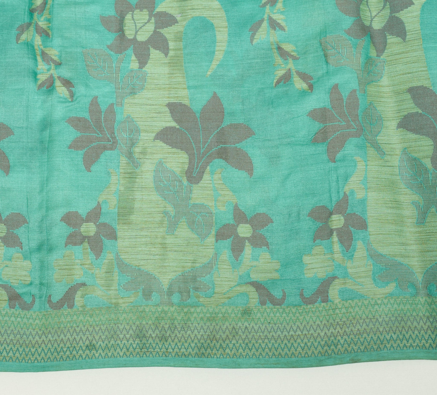 Sushila Vintage Aqua Green Scrap Saree Pure Tussar Silk Woven Floral Sari Fabric