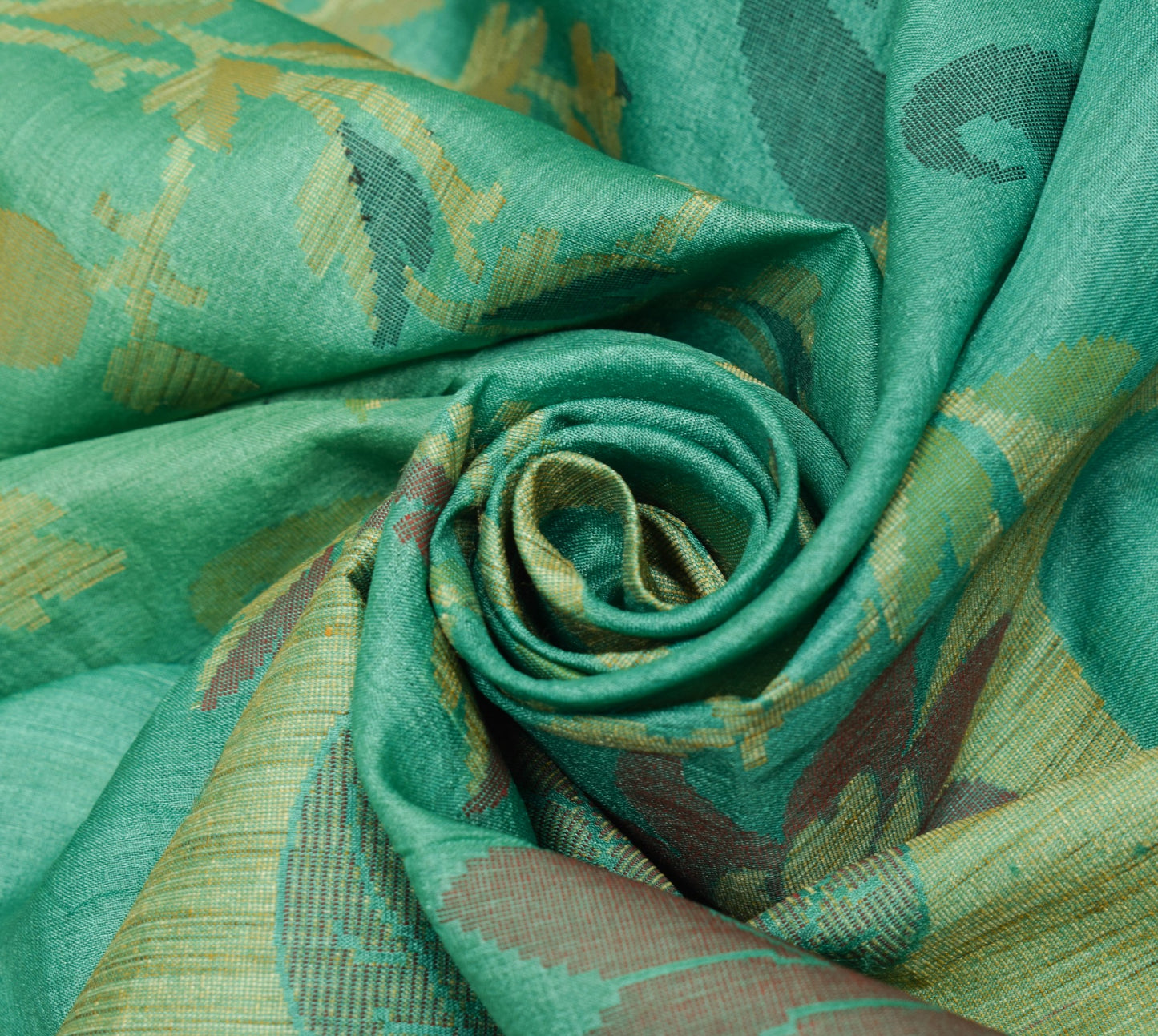 Sushila Vintage Aqua Green Scrap Saree Pure Tussar Silk Woven Floral Sari Fabric